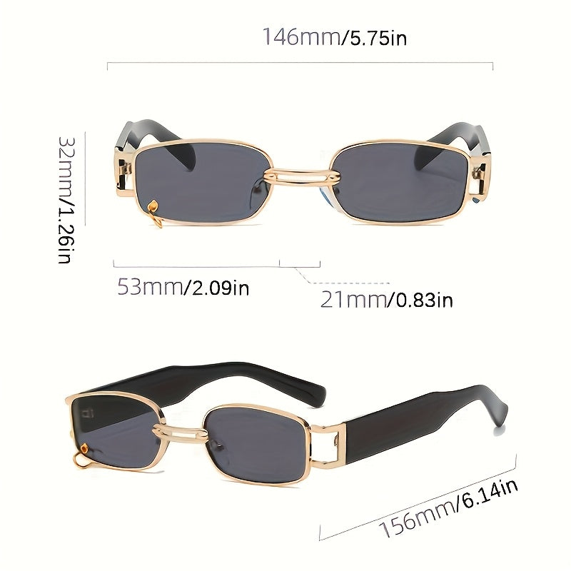 Rectangular sunglasses shown from front and side views with printed dimensions: 146mm width, 53mm lens width, 21mm lens height, and 32mm temple height. The frames are gold-toned with dark lenses and dark temple arms on a white background.