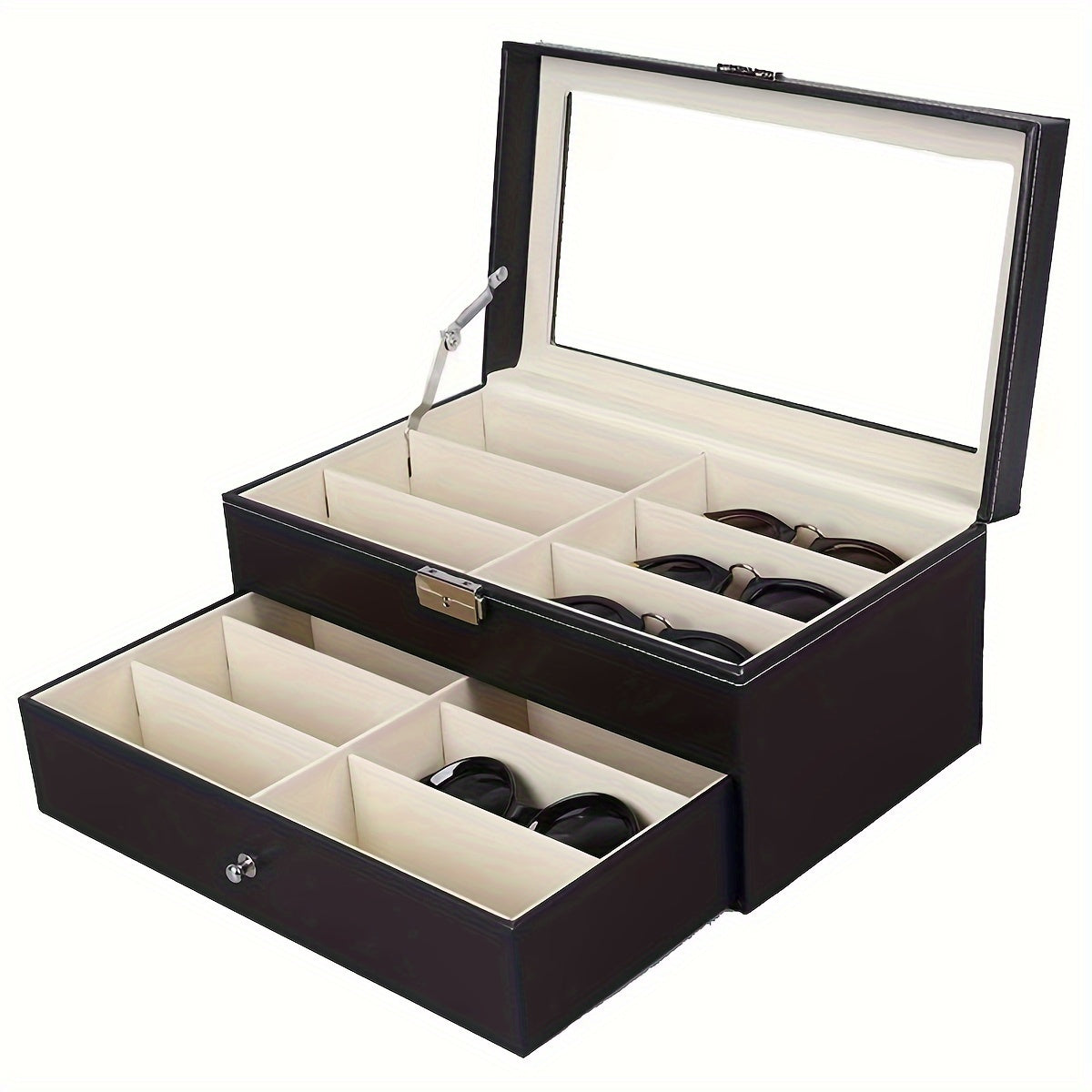 Black leather jewelry box with glass lid and multiple compartments on a white background