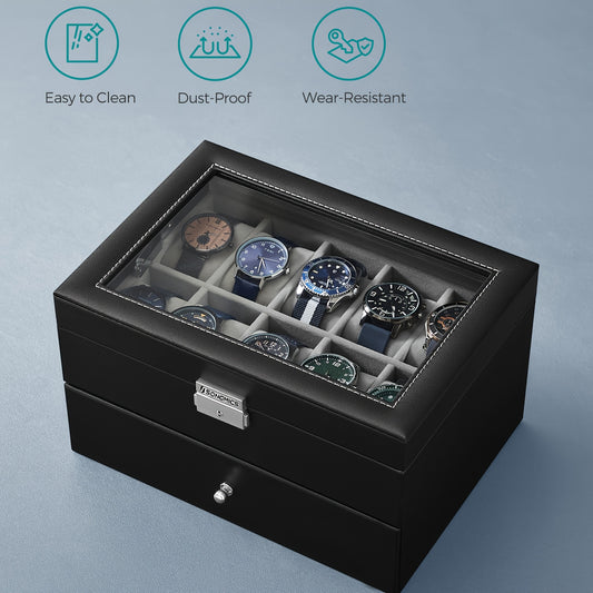 Black faux-leather watch box with a glass lid displaying multiple watches inside, set against a light blue-gray background with three feature icons reading 'Easy to Clean', 'Dust-Proof', and 'Wear-Resistant'.