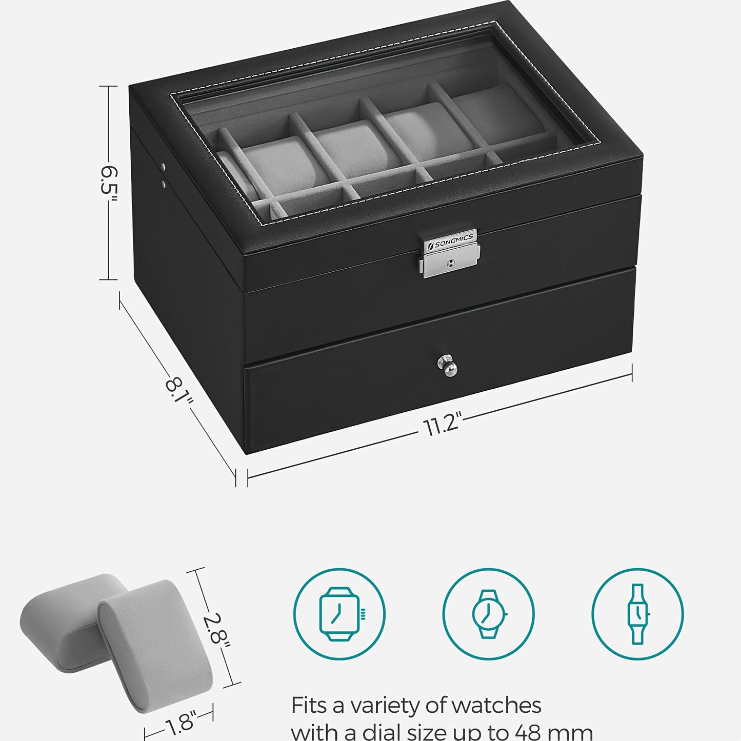 Black watch box with a glass top window showing four watch slots, dimension labels around the product, two gray cushion inserts shown separately, and icons indicating compatibility with watch dials up to 48 mm.