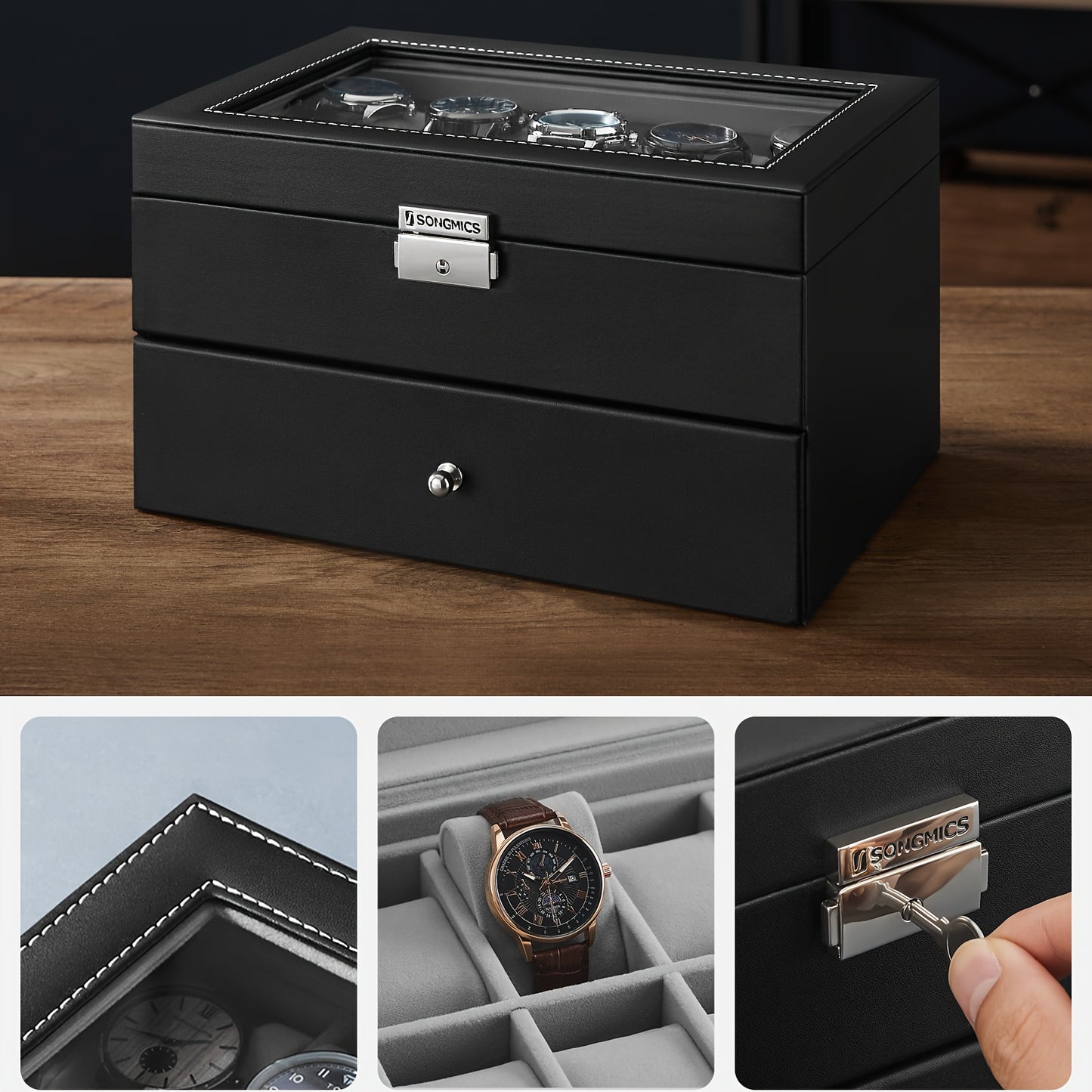 Black watch winder box with a glass top, shown on a wooden surface with three detail insets below: a close-up of the stitched edge, a watch inside the watch compartment, and a hand inserting the key into the lock.