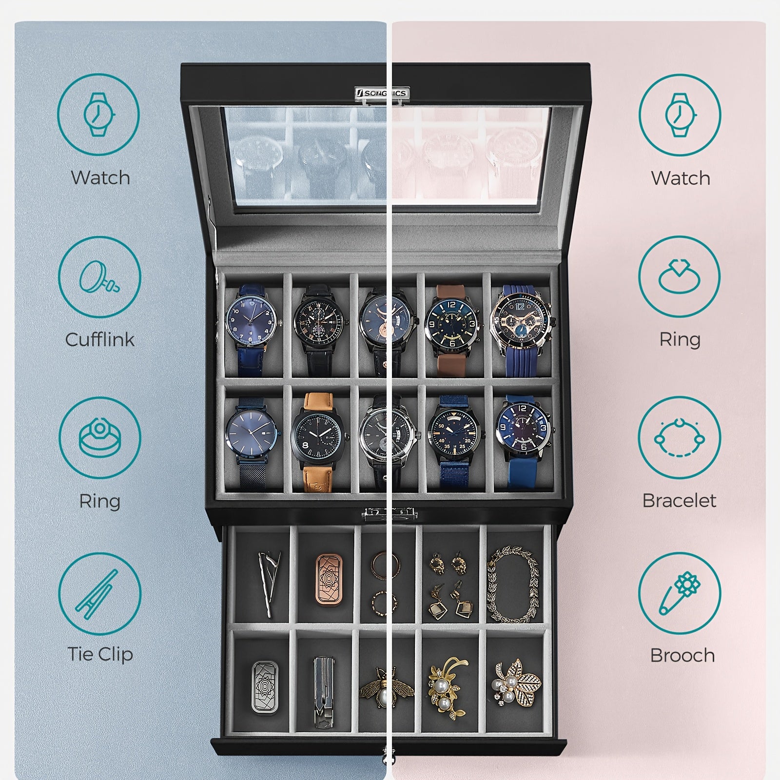 A black open watch and jewelry organizer box with multiple compartments holding watches, rings, cufflinks, tie clips, brooches, and small accessories. The image is split into two pastel side panels with icons and labels for watch, cufflink, ring, bracelet, tie clip, and brooch, suggesting included accessories or compatible items.
