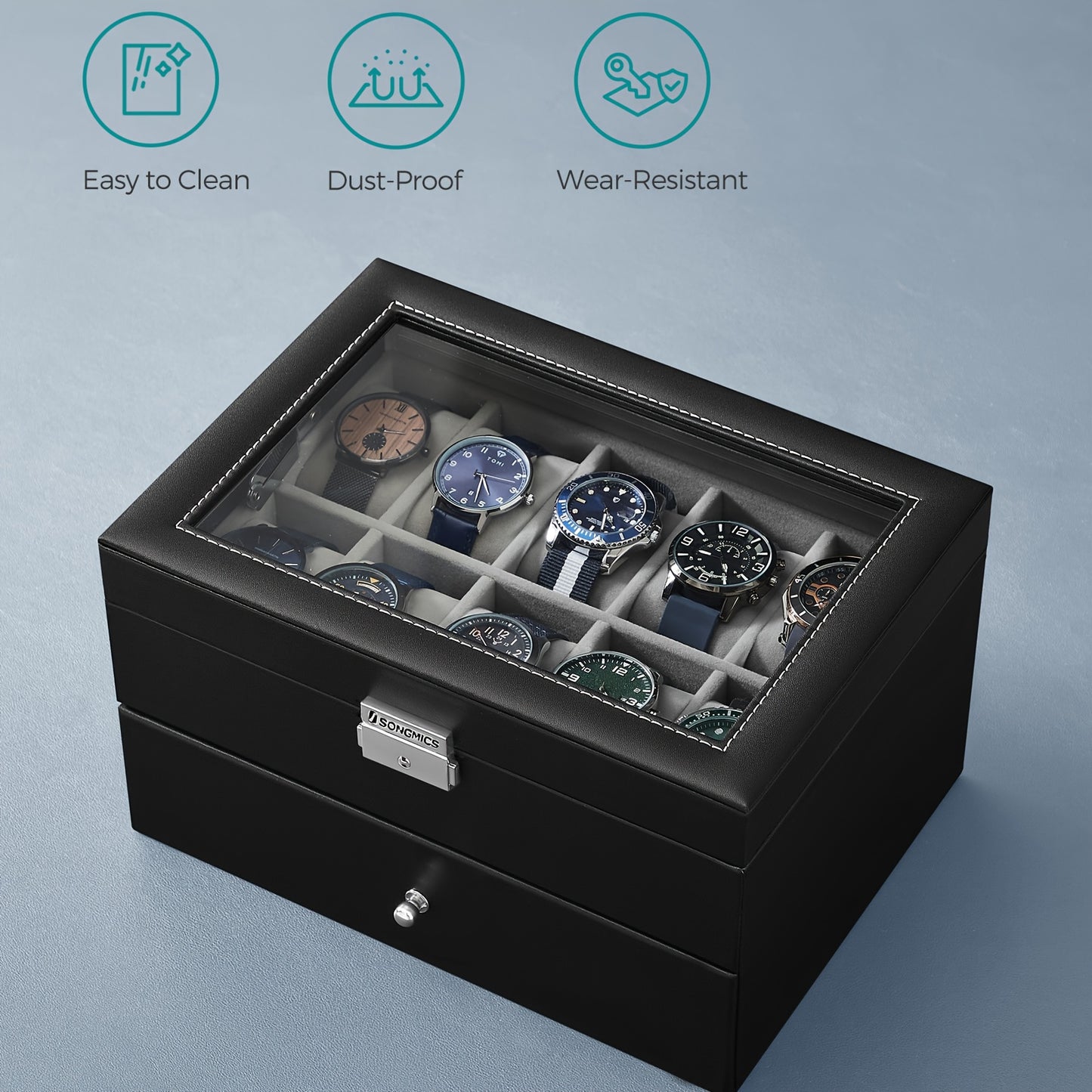Black faux-leather watch box with a glass lid displaying multiple watches inside, set against a light blue-gray background with three feature icons reading 'Easy to Clean', 'Dust-Proof', and 'Wear-Resistant'.