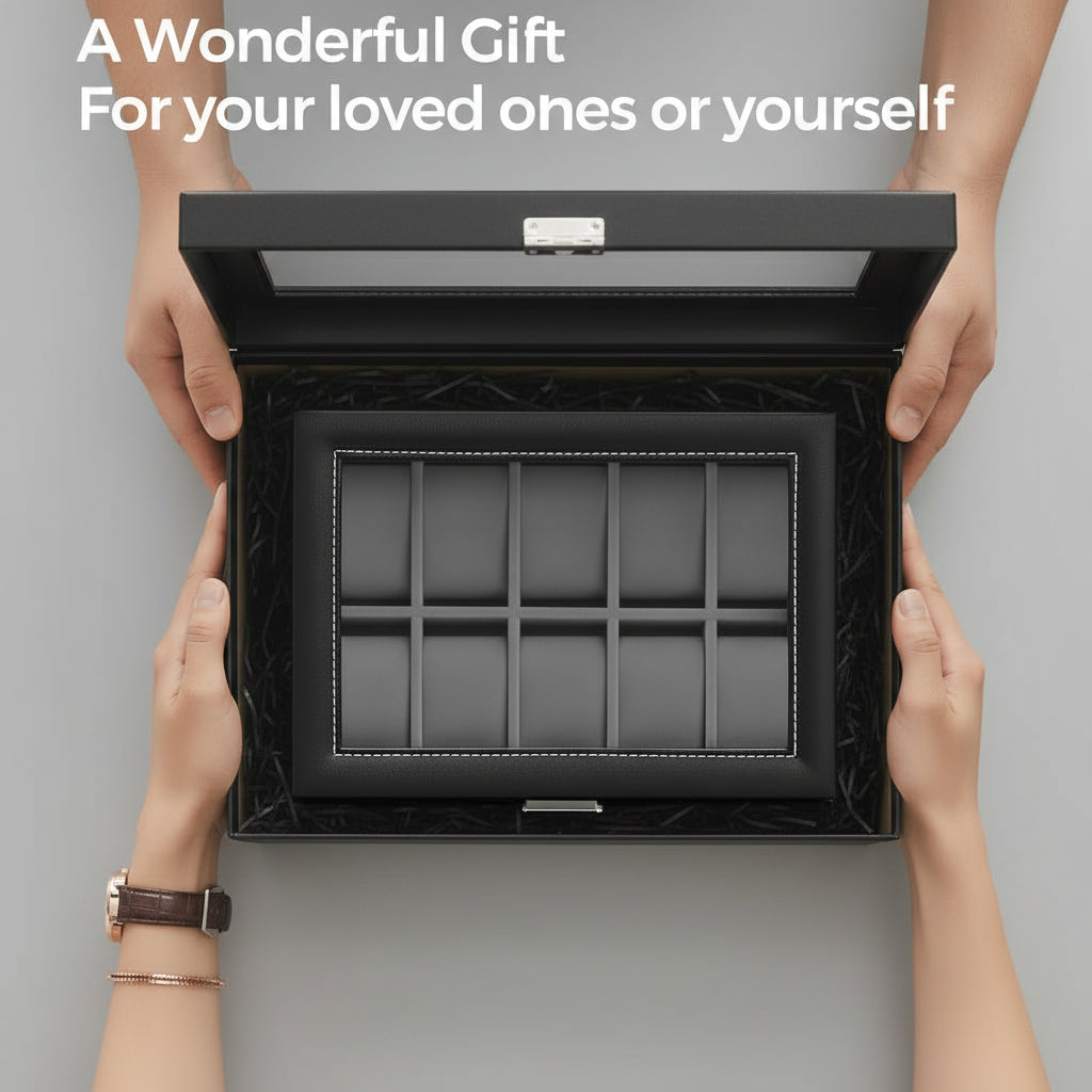 A top-down view of a black 10-compartment watch strap organizer inside an open gift box, with hands holding checkered ribbon ends. A closed matching gift box and a small wrapped present appear above on a gray wood-textured background, with the text 'A Wonderful Gift For your loved ones or yourself' at the top.