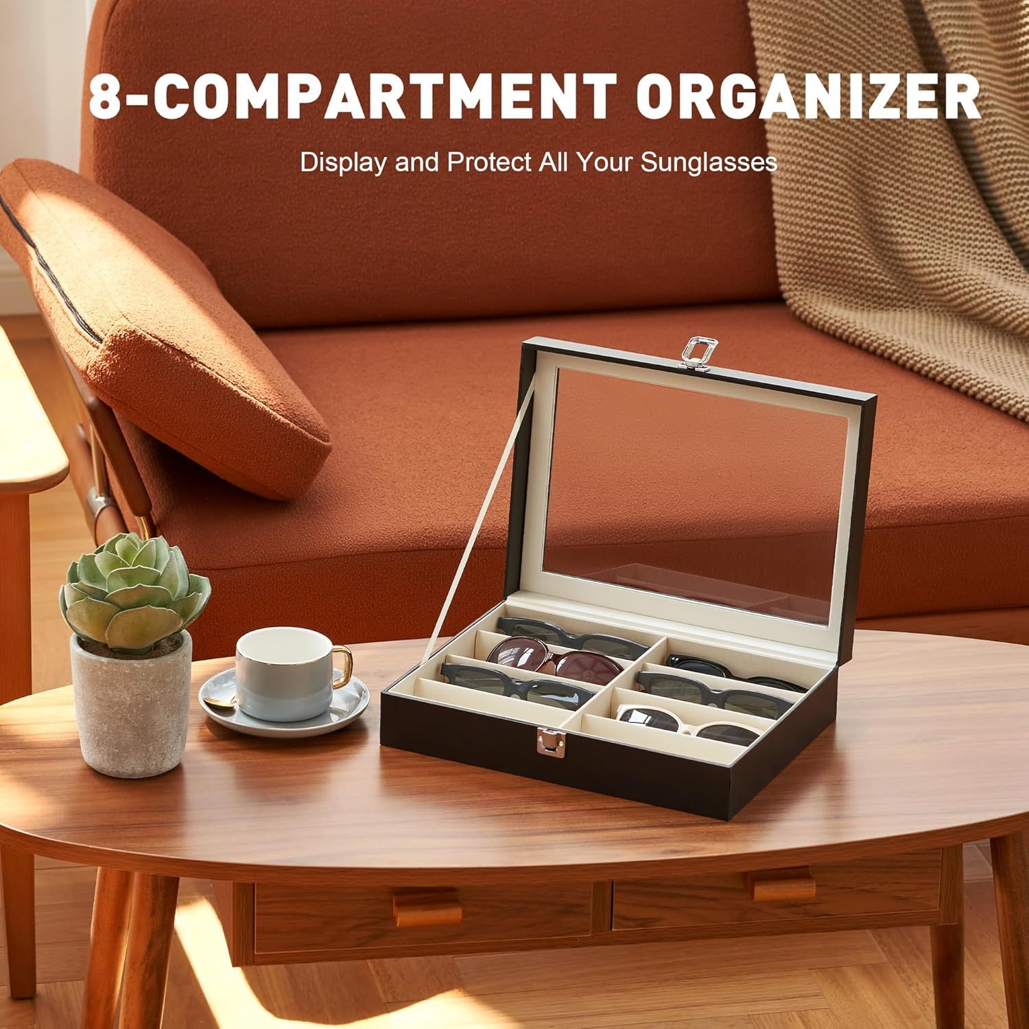 8-compartment sunglasses organizer on a wooden table with a couch in the background
