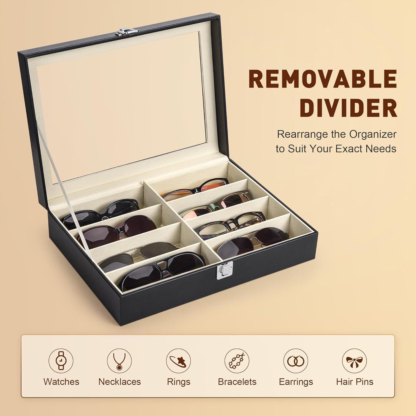 Black jewelry organizer with removable divider on a beige background