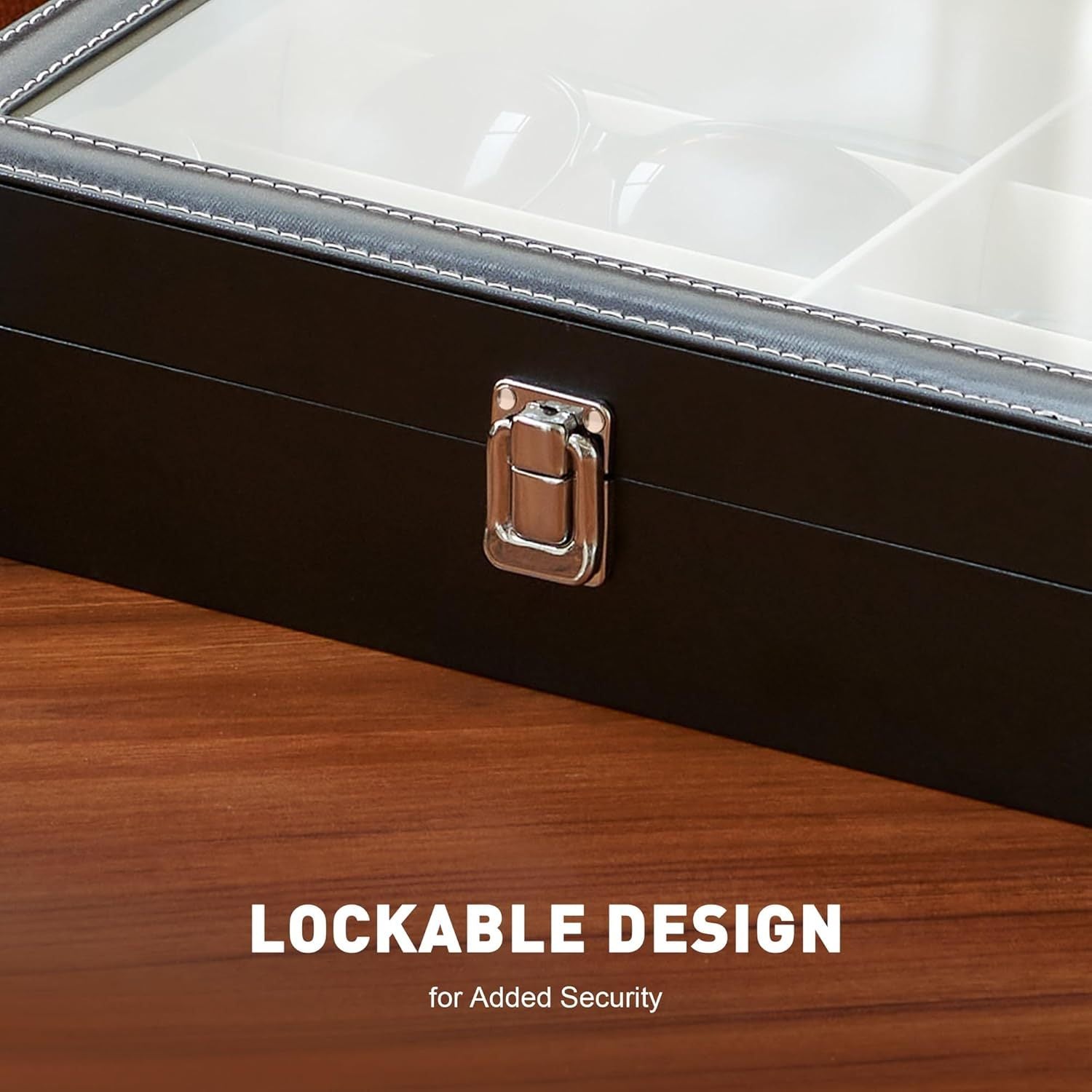 Lockable jewelry box with a metallic clasp on a wooden surface