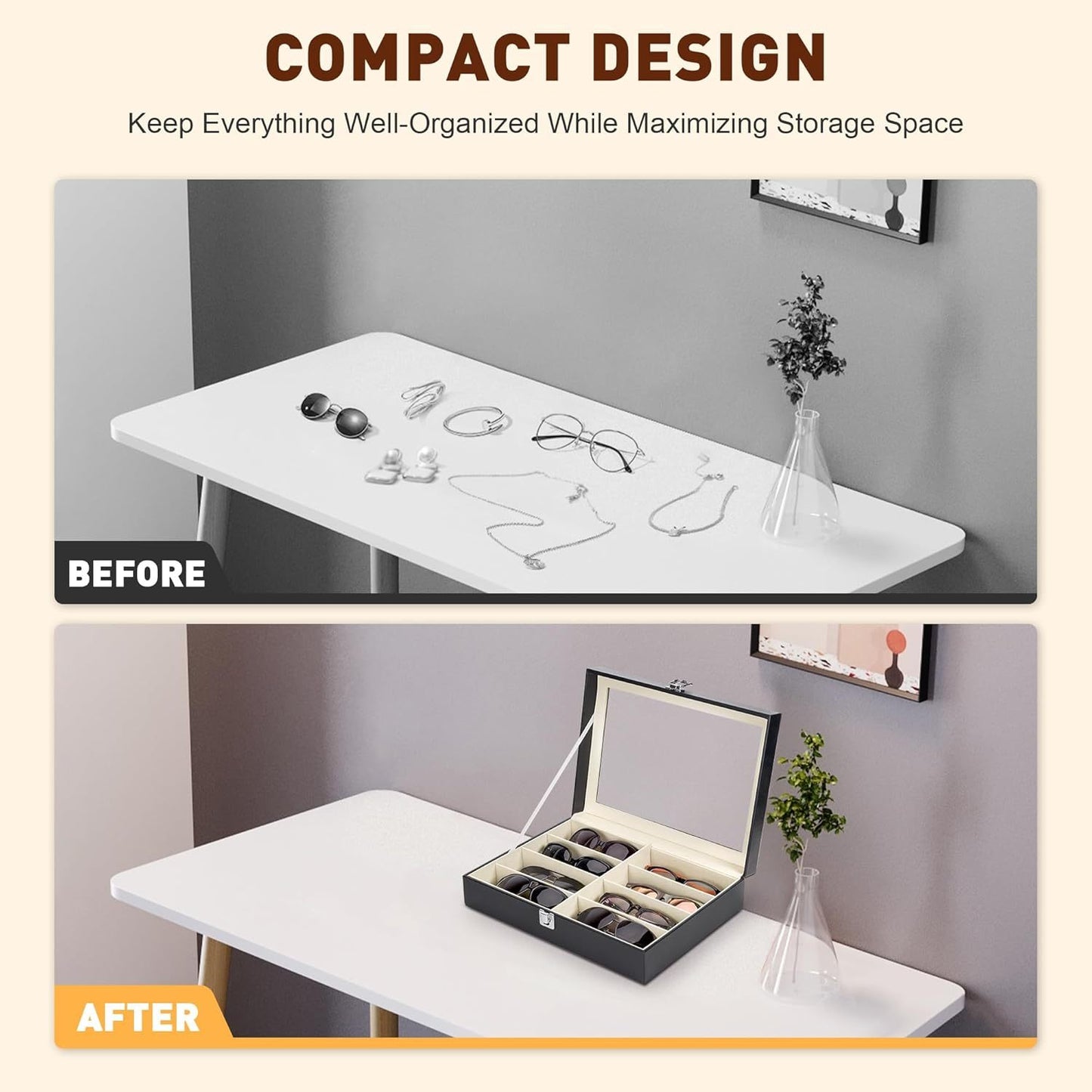 Before and after comparison of a compact storage solution for jewelry and accessories.