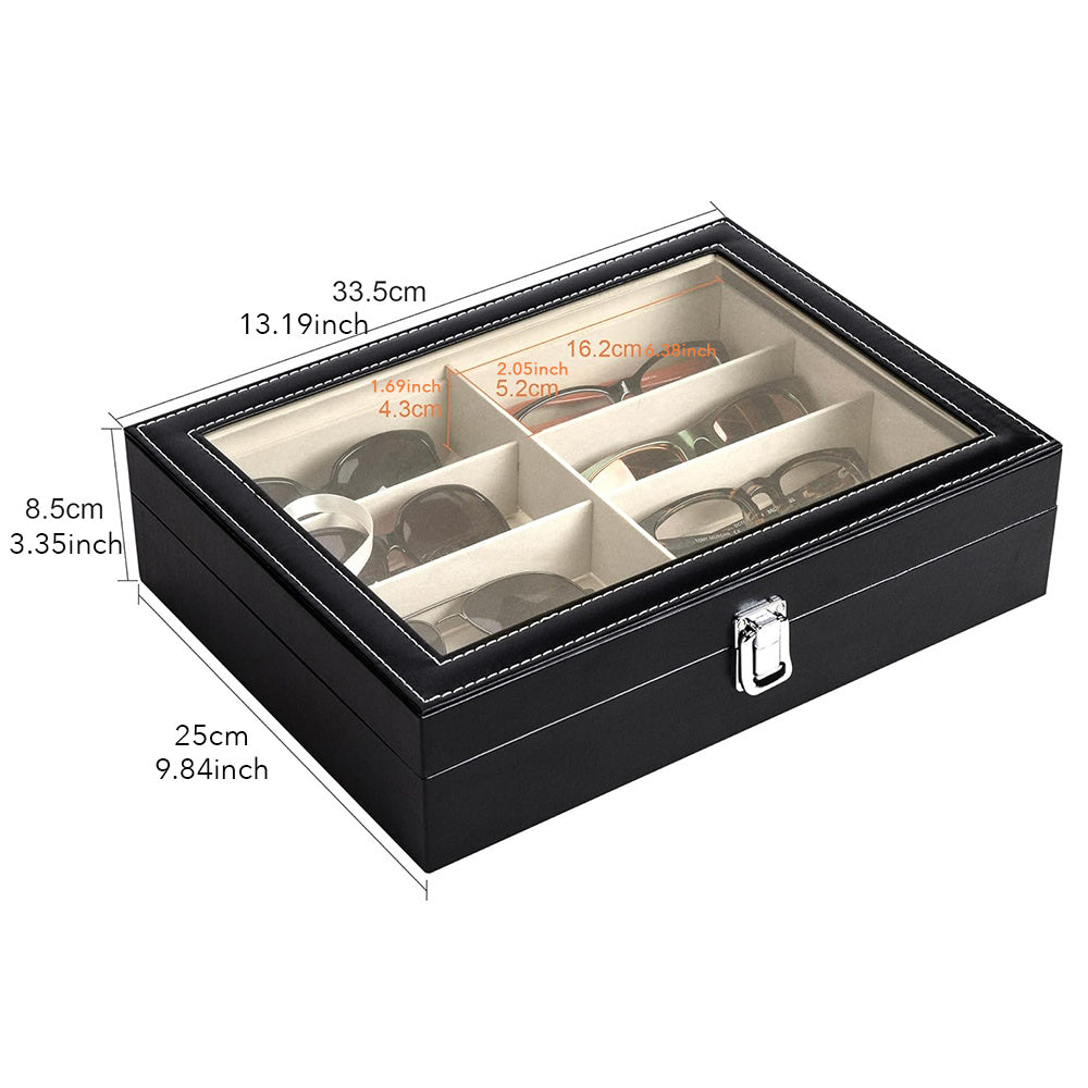 Black faux-leather glasses case with a clear glass lid, shown with dimension labels and orange measurement lines on a white background.