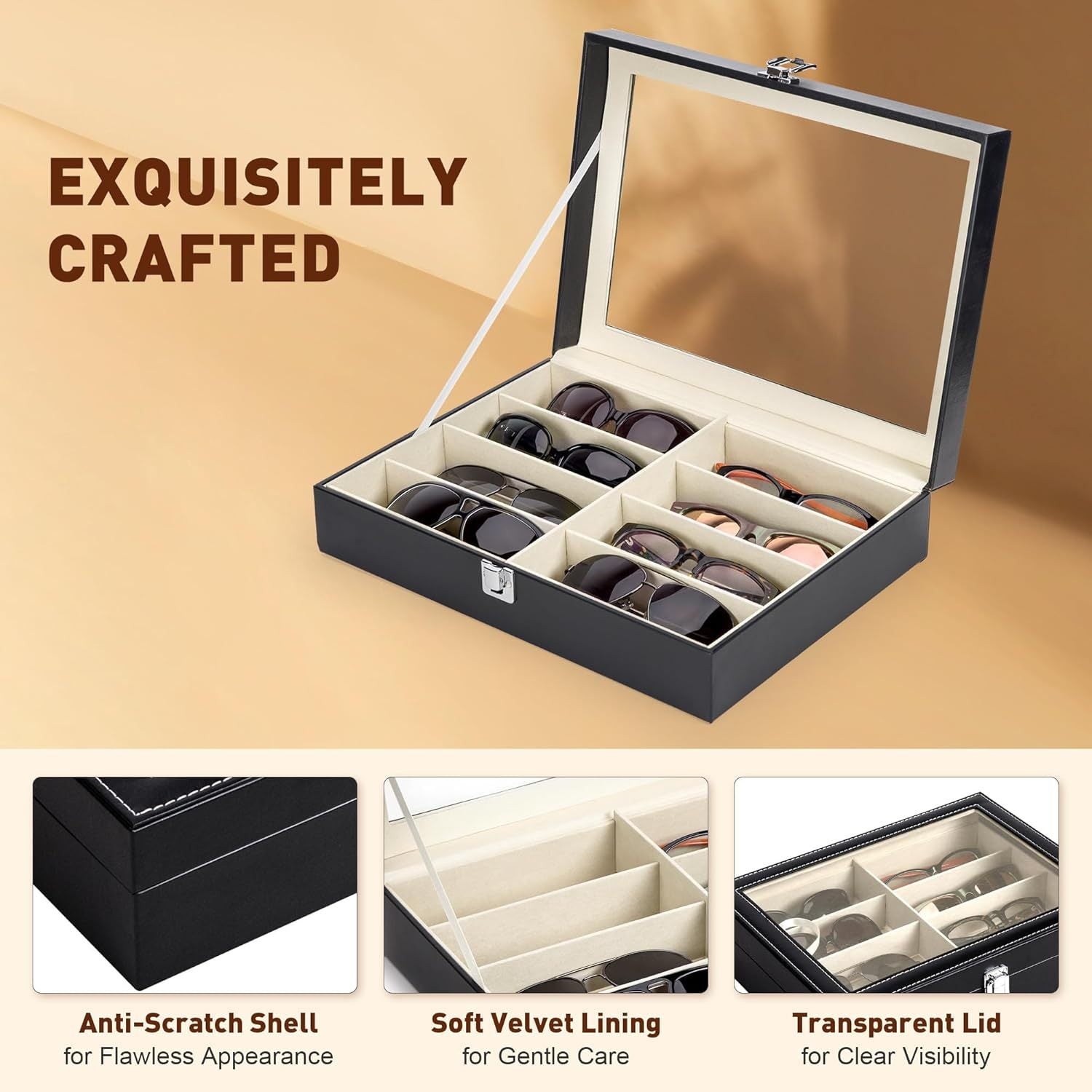 Sunglasses organizer with anti-scratch shell, soft velvet lining, and transparent lid on a beige background.