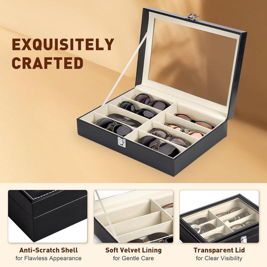 Sunglasses organizer with anti-scratch shell, soft velvet lining, and transparent lid on a beige background.