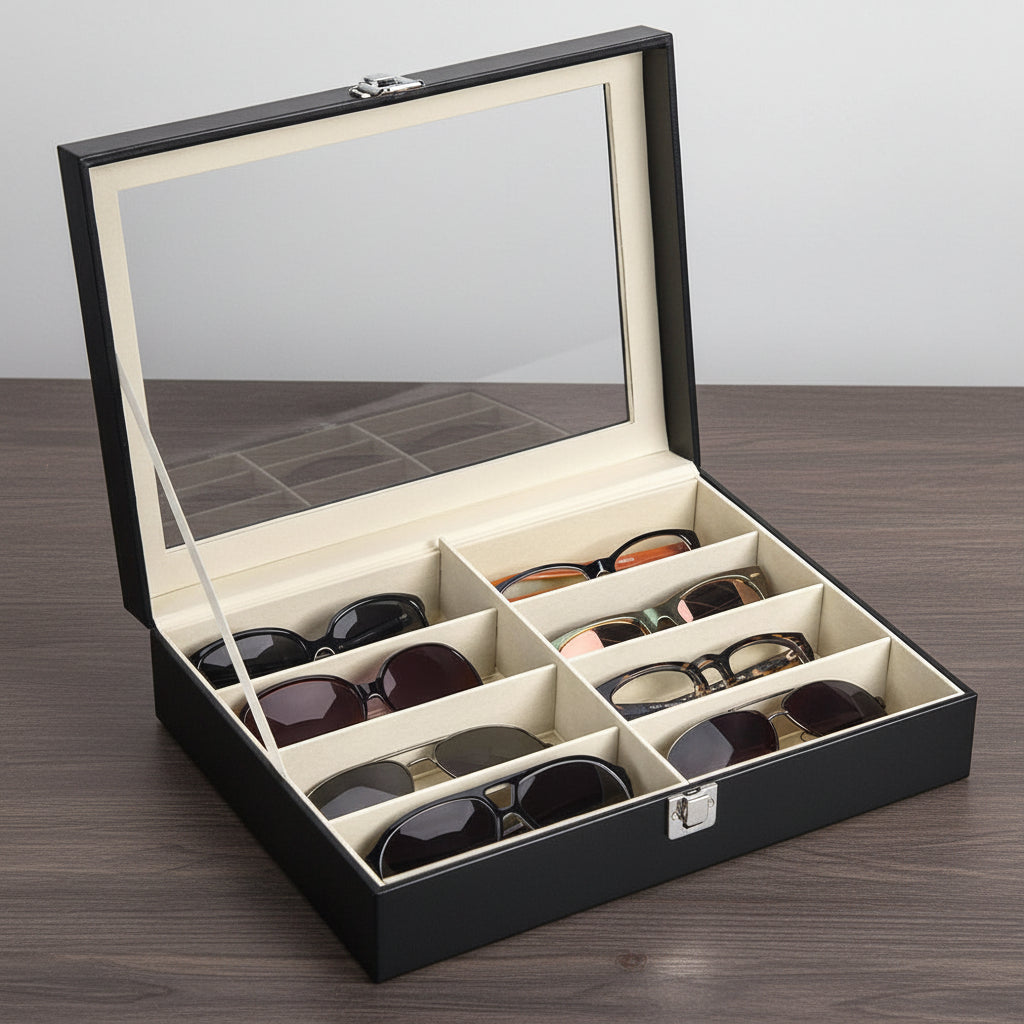 A black faux-leather sunglasses storage box with a clear glass lid and an interior mirror, shown open with six compartments holding various sunglasses. The box has a beige interior lining and silver metal latches.