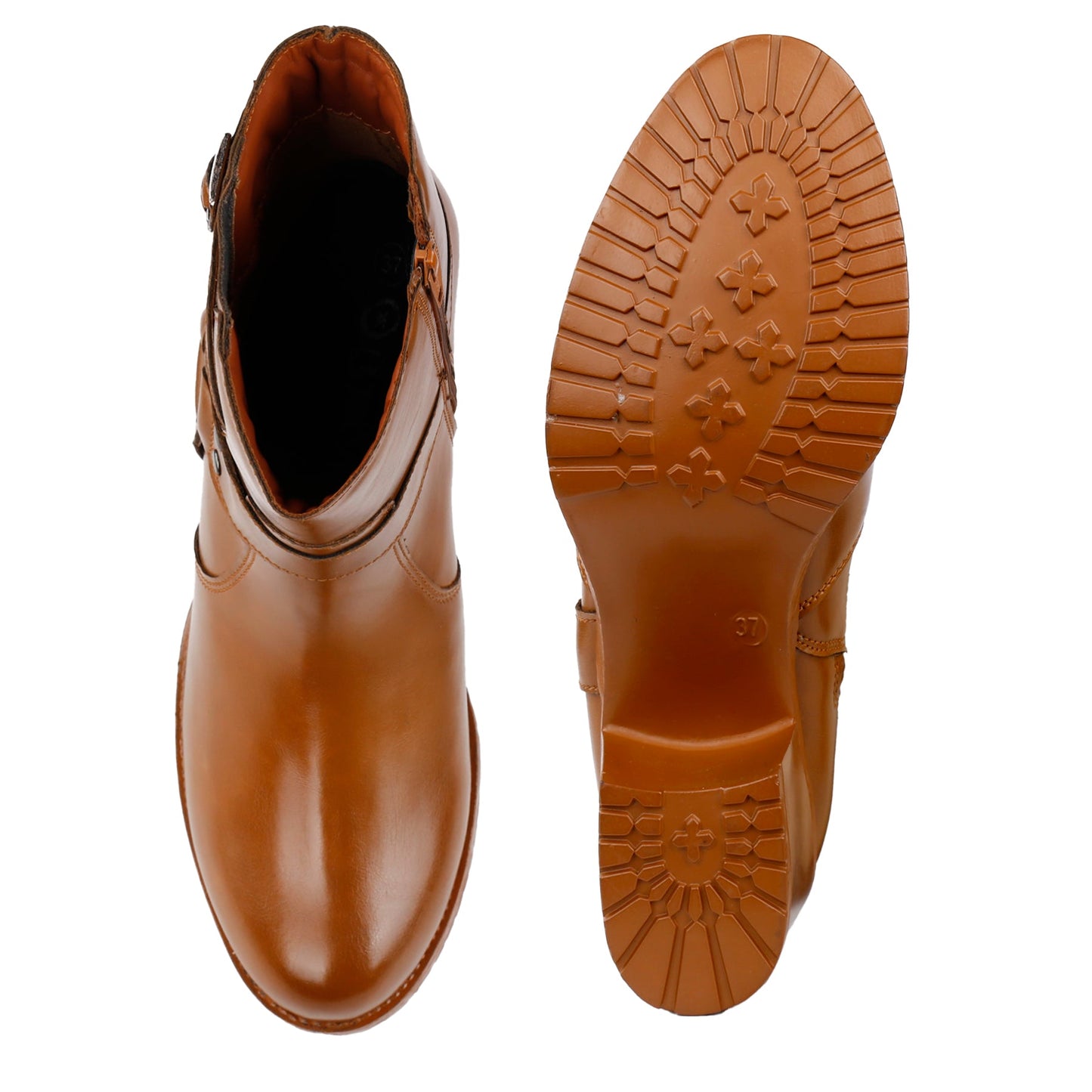 A pair of brown leather ankle boots shown from the side and sole views on a plain white background.
