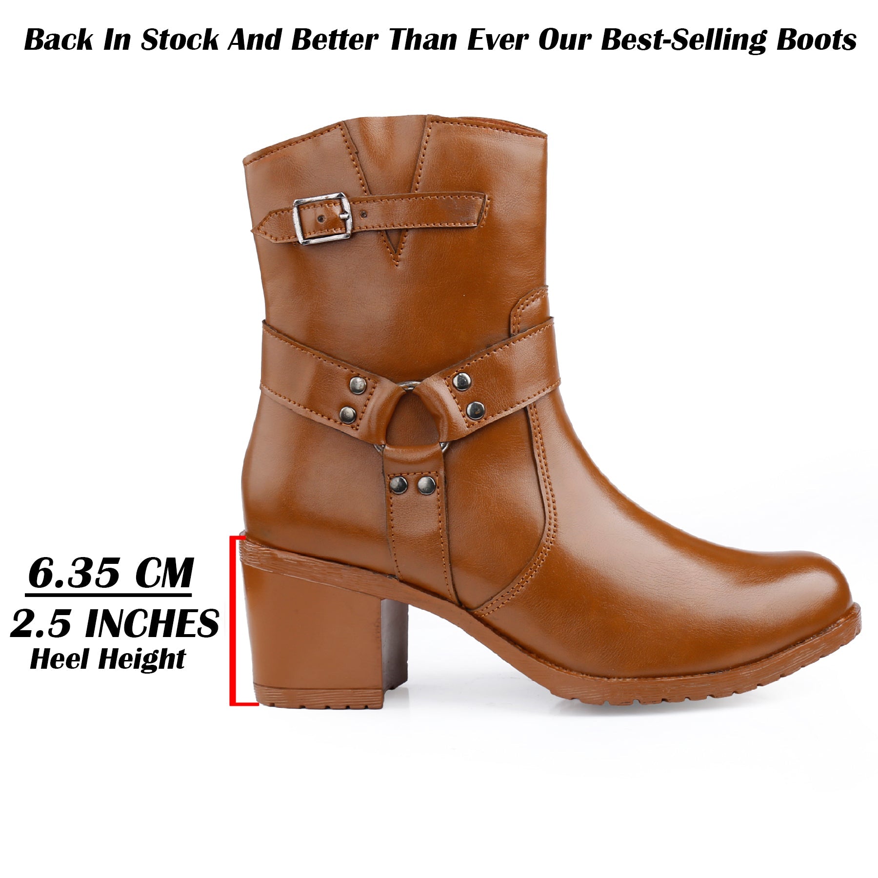 A brown leather ankle boot with a block heel, buckle strap, and decorative strap details, shown on a white background with text indicating heel height.
