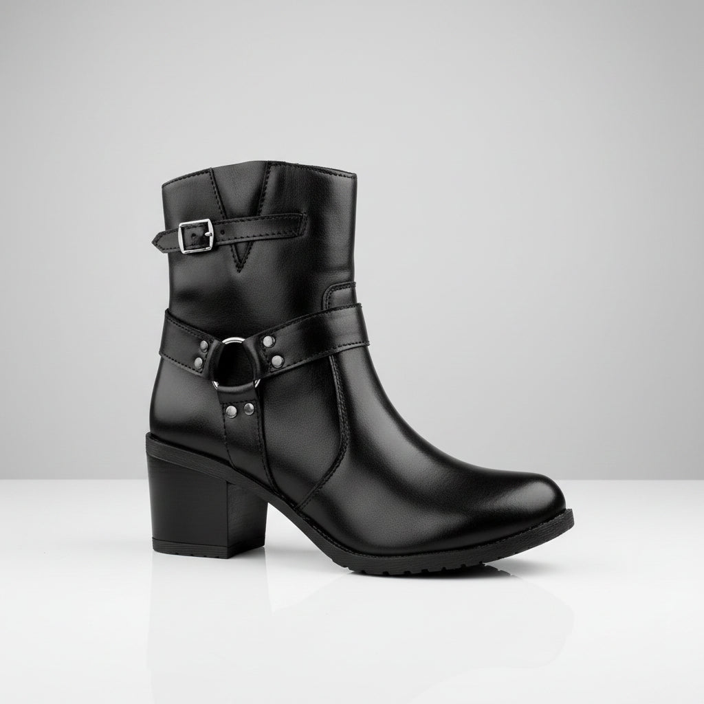 A black leather ankle boot with a block heel, featuring decorative straps, silver buckles, and studs, displayed on a beige platform against a split pastel background.