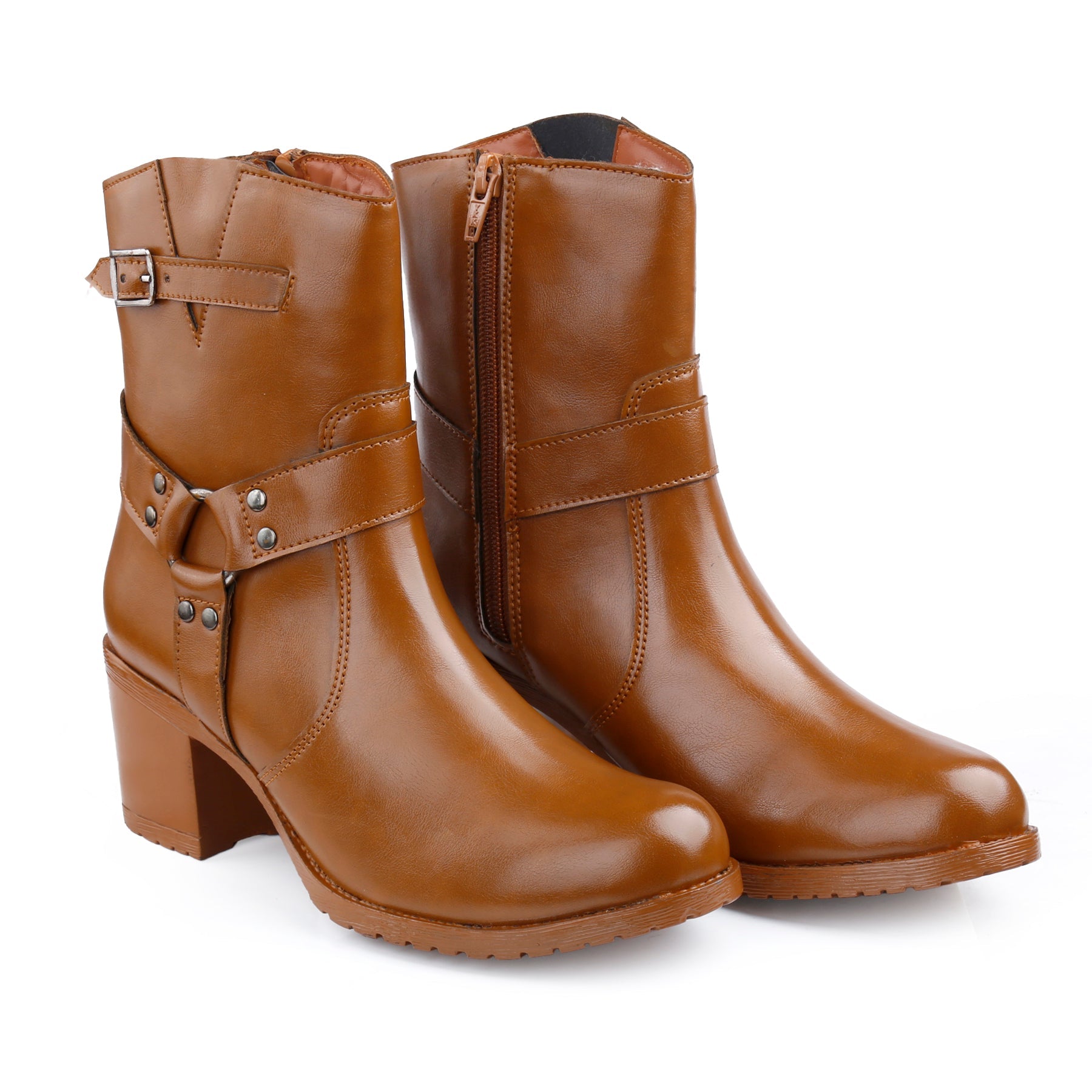 A pair of women's brown leather ankle boots with block heels, side zippers, and decorative buckle straps on the sides, shown against a plain white background.