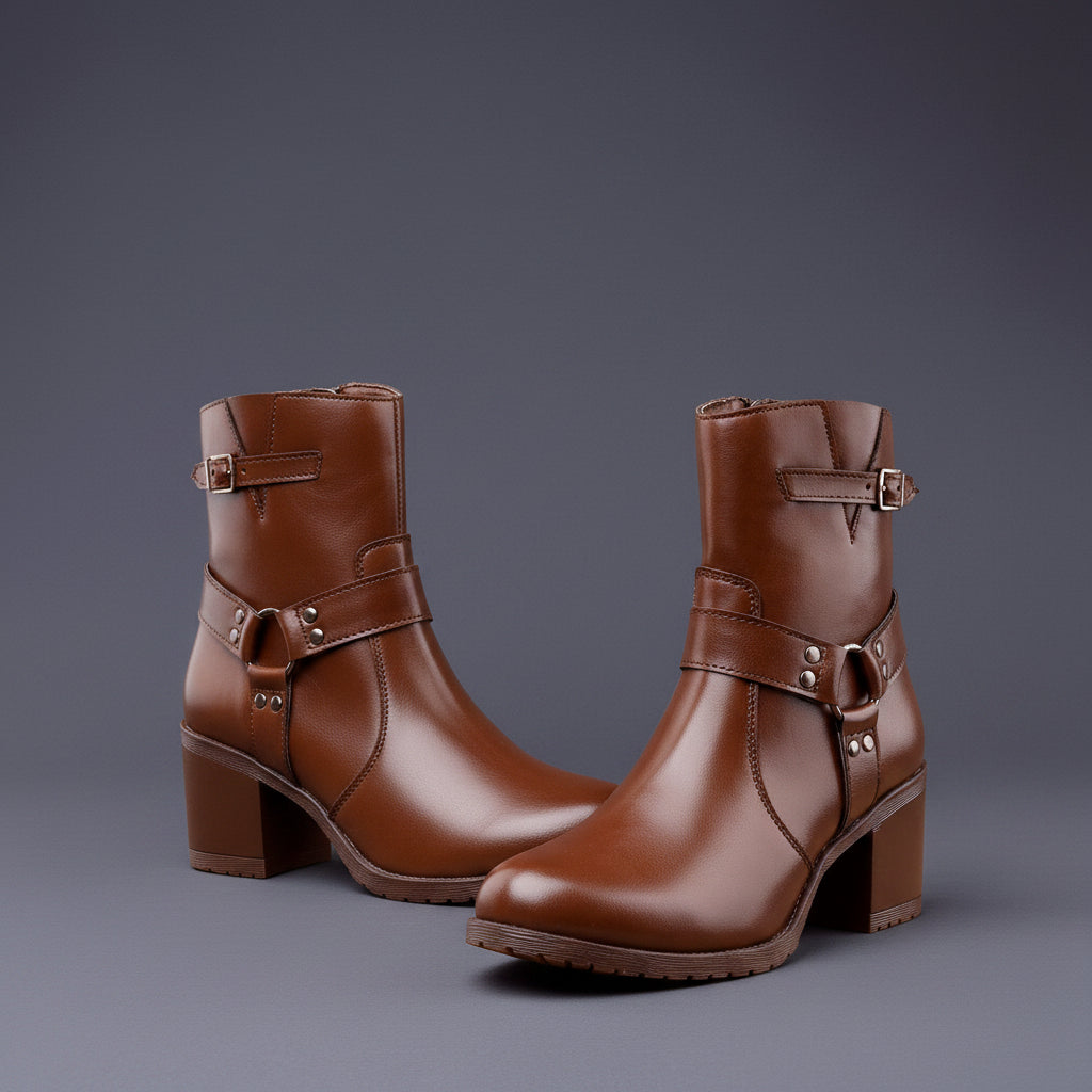 A pair of brown leather mid-calf boots with block heels, one standing on a small wooden chest and the other in front, photographed against a dark gray studio background.