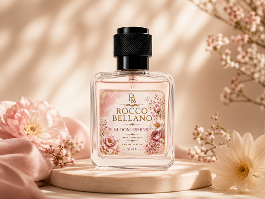 Rocco Bellano perfume bottle with floral design on a light background