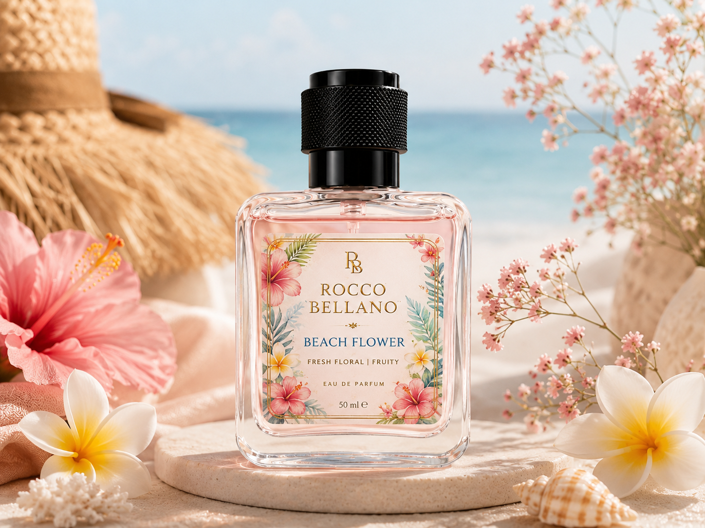 Rocco Bellano Beach Flower perfume bottle with floral design on a beach setting