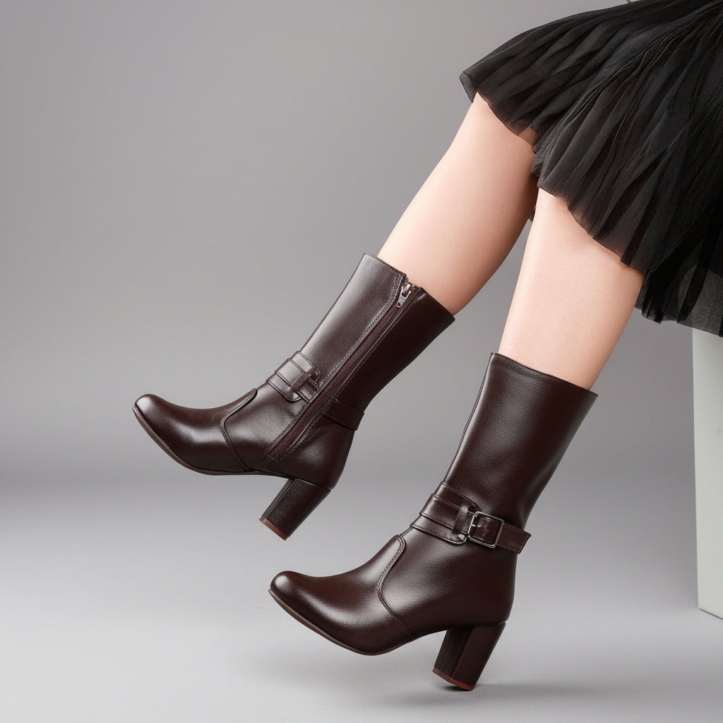 A person wearing knee-high dark brown leather boots with side zippers and buckle straps, standing on a white shoe box in an indoor setting with a potted plant in the background.