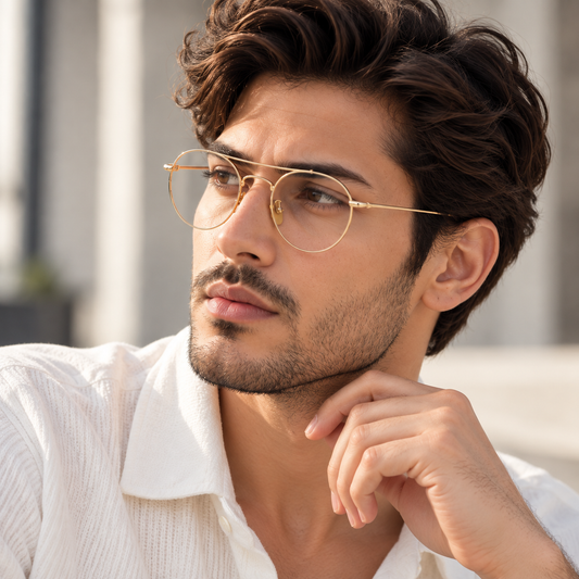 A close-up of a man wearing thin gold metal aviator-style glasses with a wire bridge, paired with a white textured collared shirt.