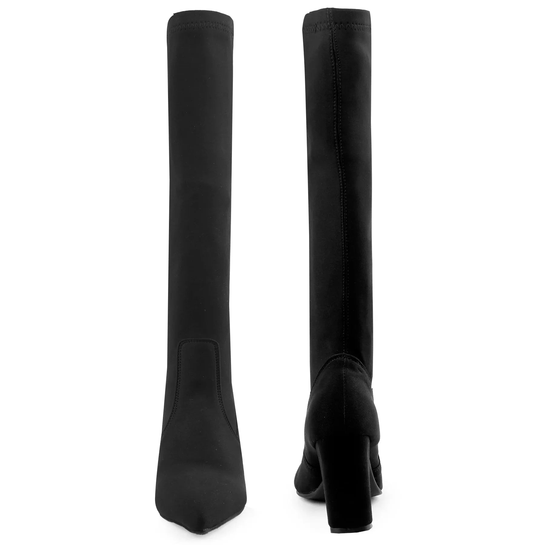 A pair of black over-the-knee boots shown from the back, featuring a high block heel and pointed toe, on a solid white background.