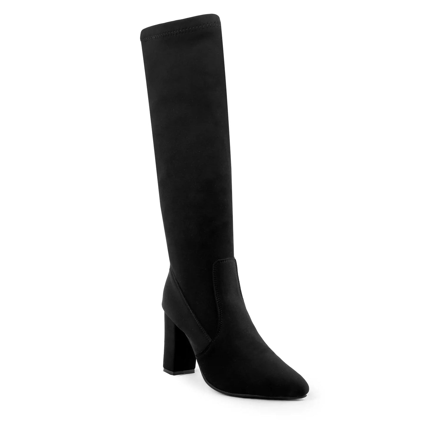 A single black suede-like knee-high boot with a pointed toe and block heel, shown on a plain white background.