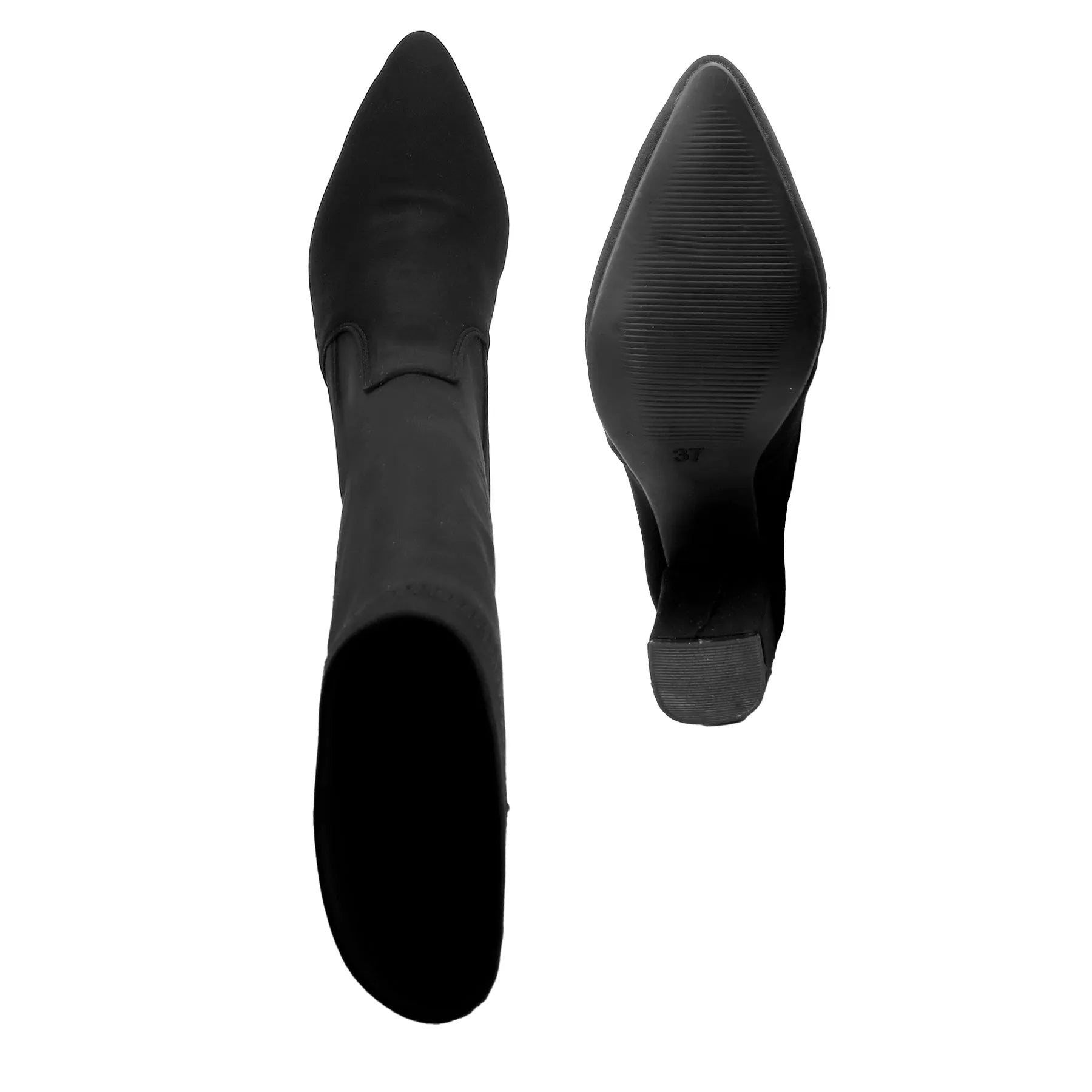 A pair of black pointed-toe ankle boots shown from the side and sole views against a plain white background.