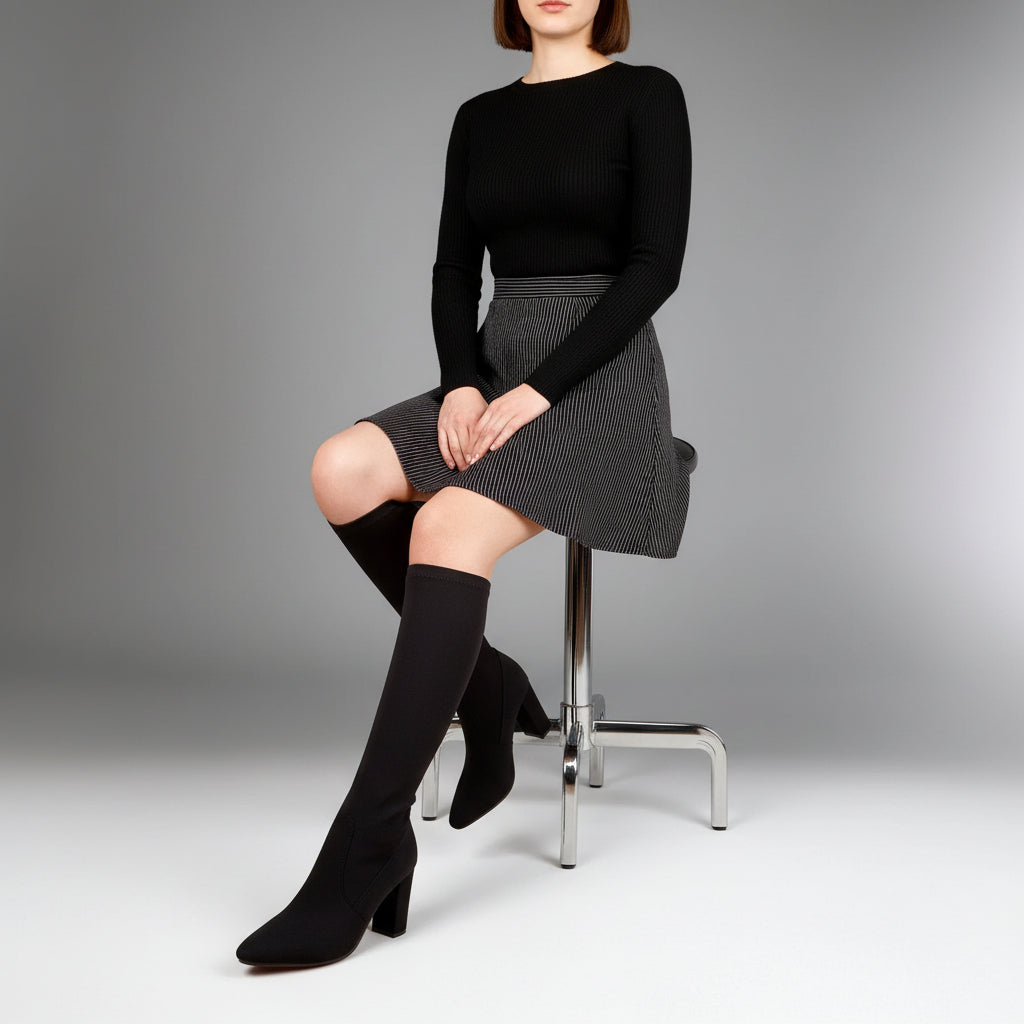 A pair of black knee-high heeled boots worn with a striped skirt, shown on a model sitting on a chrome stool against a gray studio background.