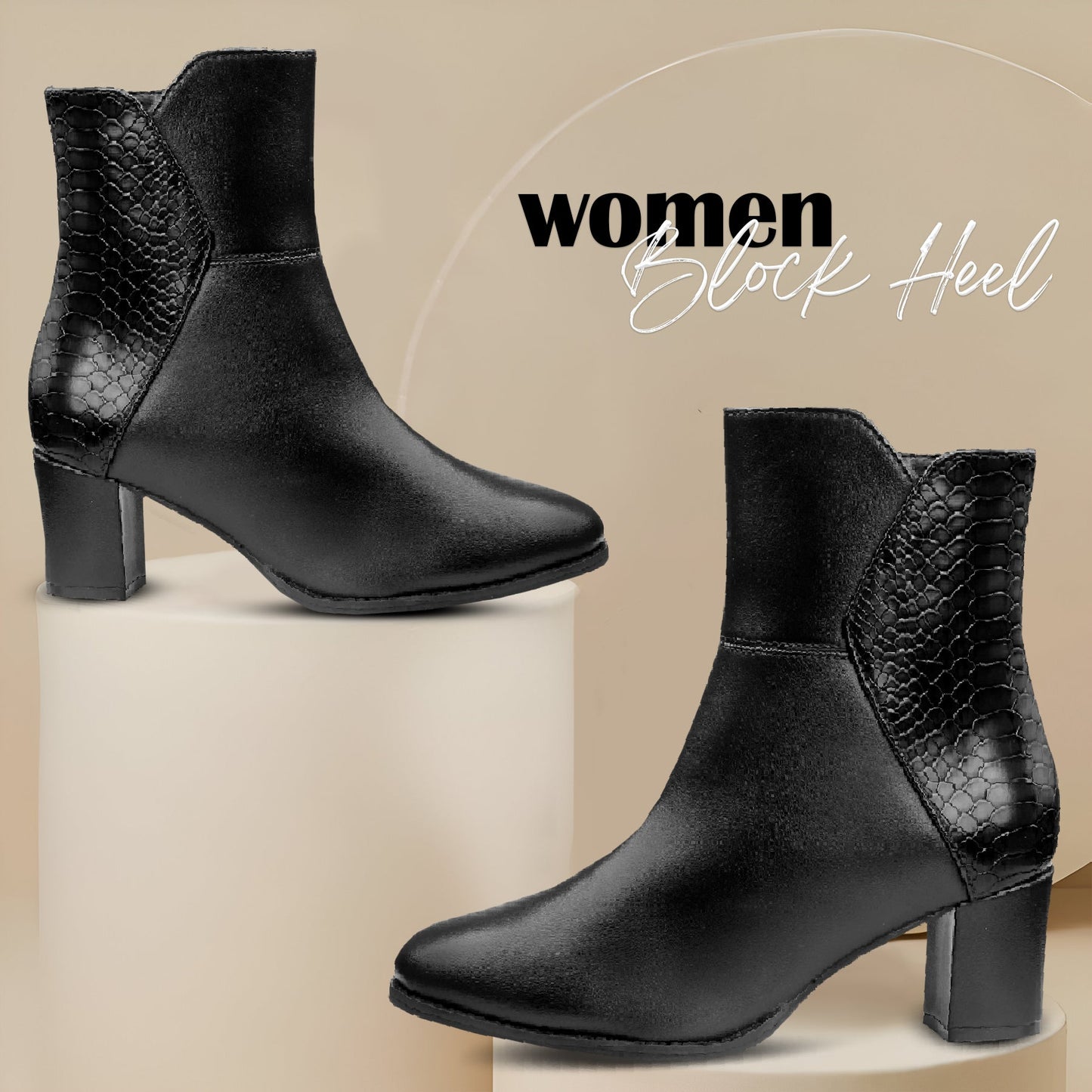 A pair of women's black ankle boots with a block heel and textured side panels, displayed on beige pedestals against a beige background with the text 'women Block Heel'.