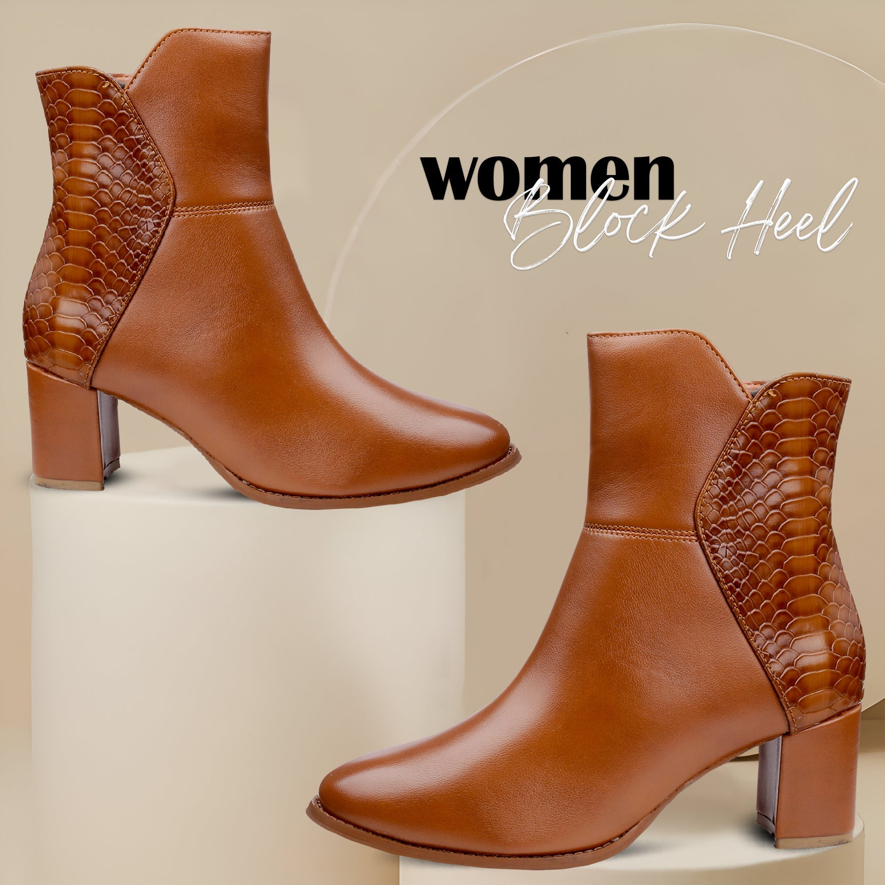 Three views of women's brown ankle boots with a smooth leather main body, a textured crocodile-patterned side panel, and a chunky block heel, displayed on pedestals against a beige background with 'women Block Heel' text.