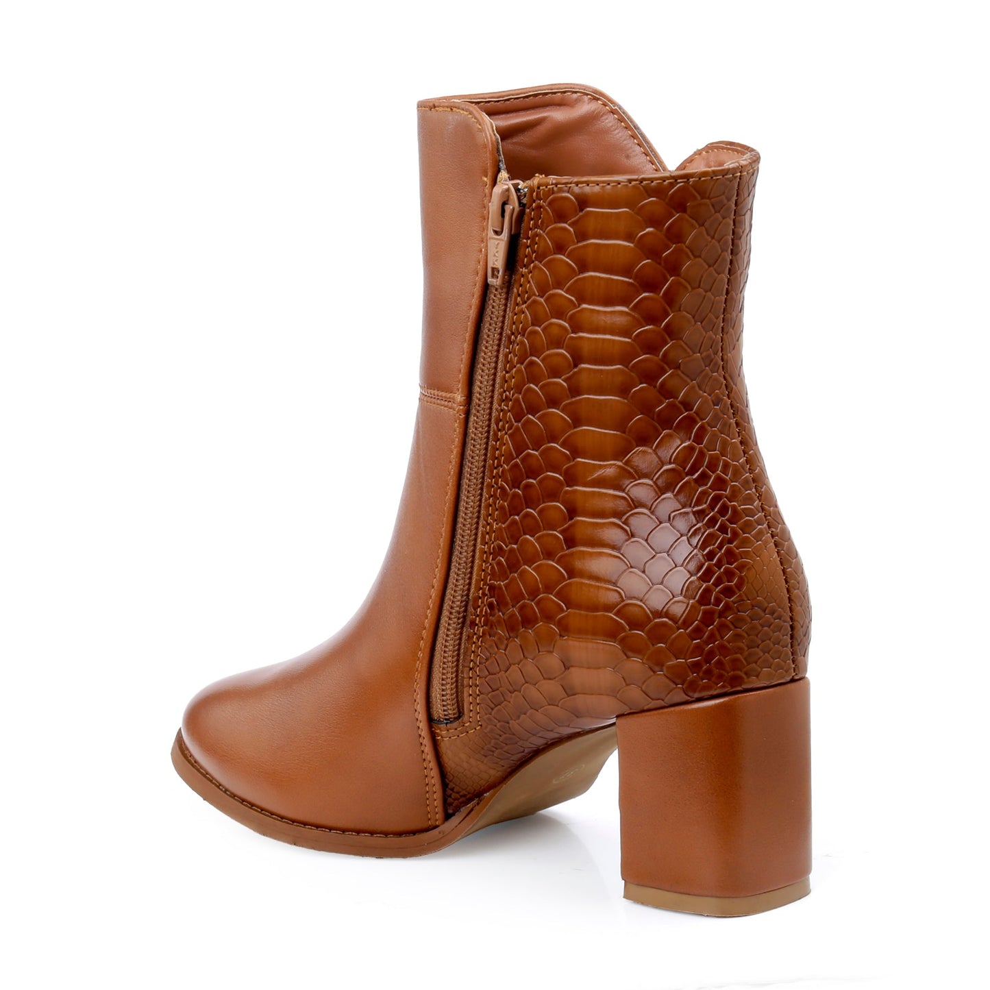 A single brown ankle boot with a side zipper, featuring a smooth leather front and a glossy crocodile-embossed texture on the back, set against a plain white background.