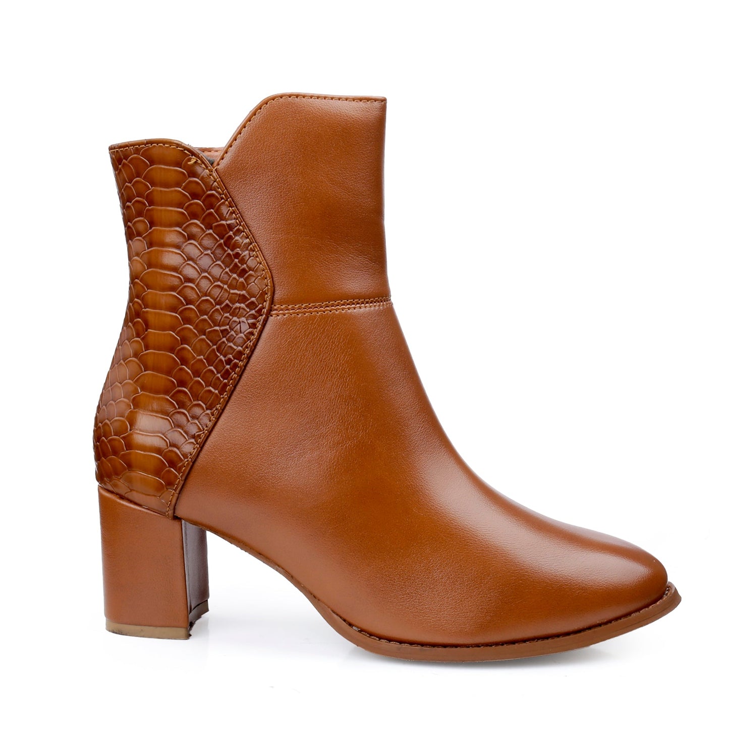 A single brown ankle boot with a smooth leather body, a textured crocodile-patterned side panel, and a block heel, shown against a plain white background.
