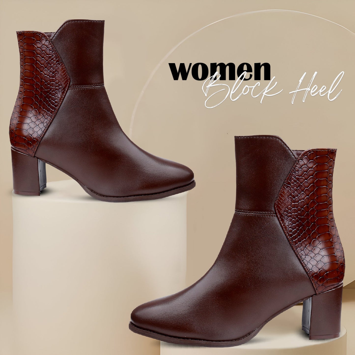 A pair of women's ankle boots in dark brown, featuring a smooth faux-leather front and a textured crocodile-patterned side panel, shown on beige pedestals against a beige background with the text 'women Block Heel'.