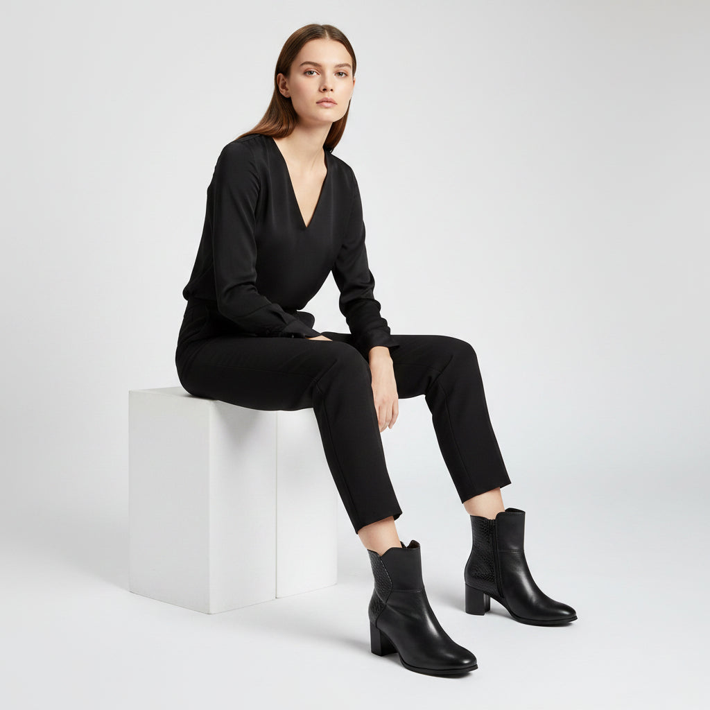 A pair of black leather ankle boots with a block heel, featuring a smooth front and a textured crocodile-embossed side panel, shown on a white background.