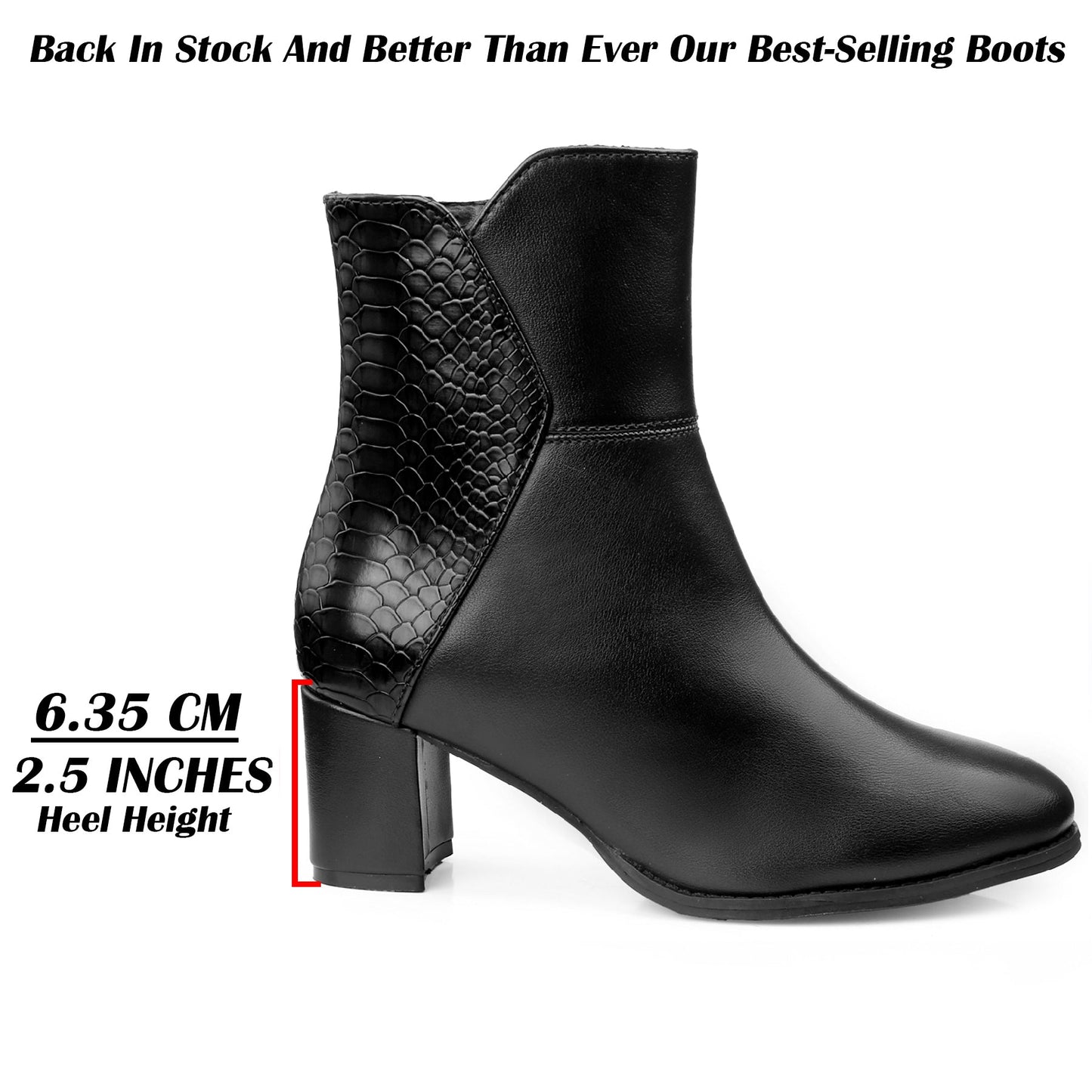 Black ankle boot with a block heel, smooth leather side panels, and textured crocodile-embossed pattern on the back. The image includes text overlays showing heel height measurements.