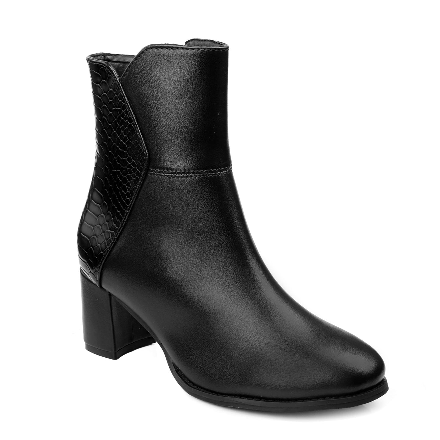 A black leather ankle boot with a block heel, featuring a smooth front and a textured, snakeskin-patterned side panel, shown against a plain white background.