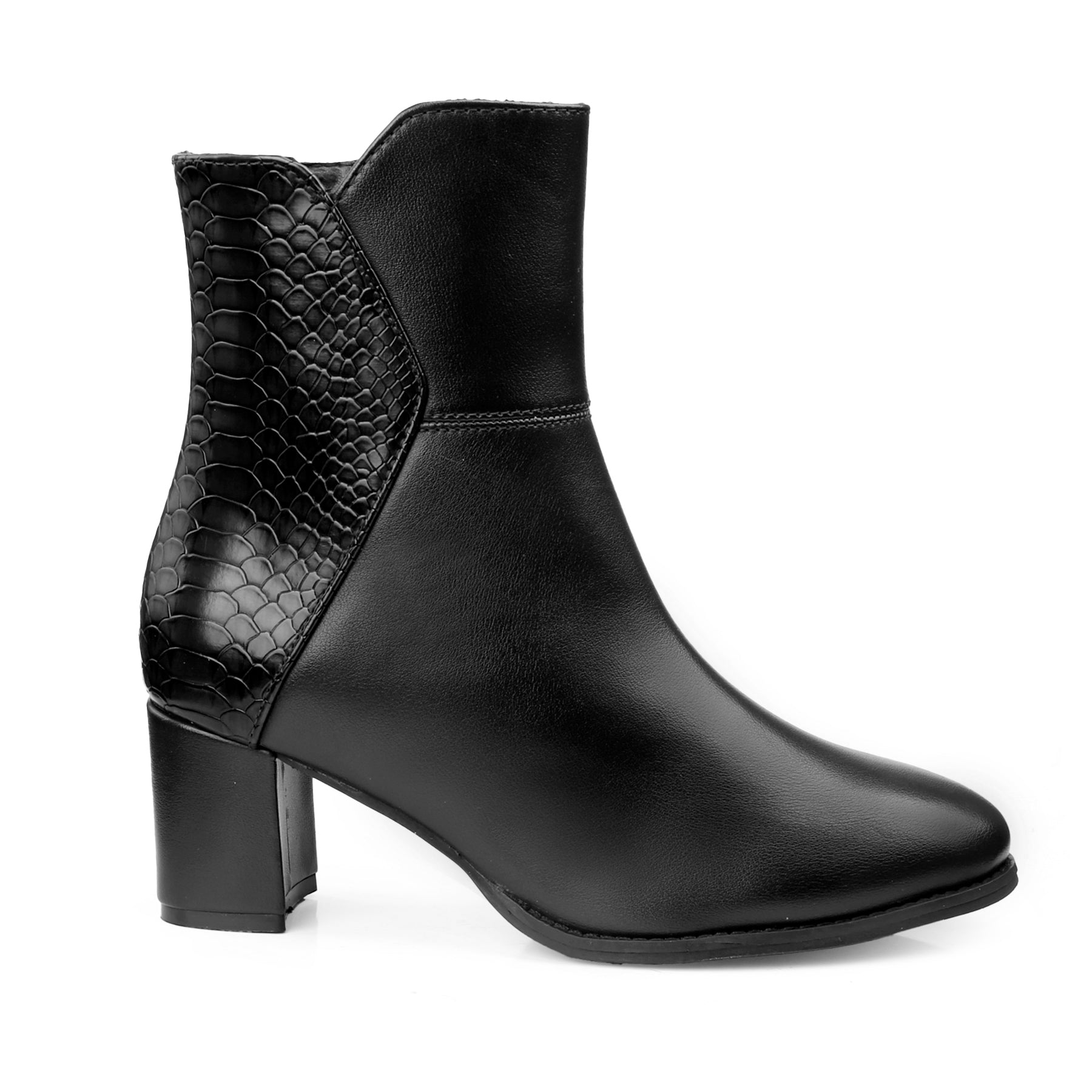 A black leather ankle boot with a textured, crocodile-embossed side panel and a block heel, shown from a side profile on a white background.