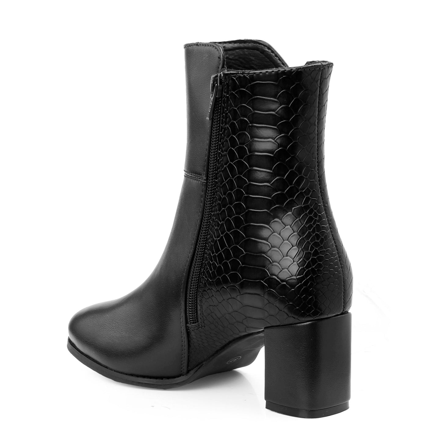 A black leather ankle boot with a textured crocodile skin pattern on the shaft, a side zipper, and a chunky block heel, shown from a three-quarters angle on a white background.