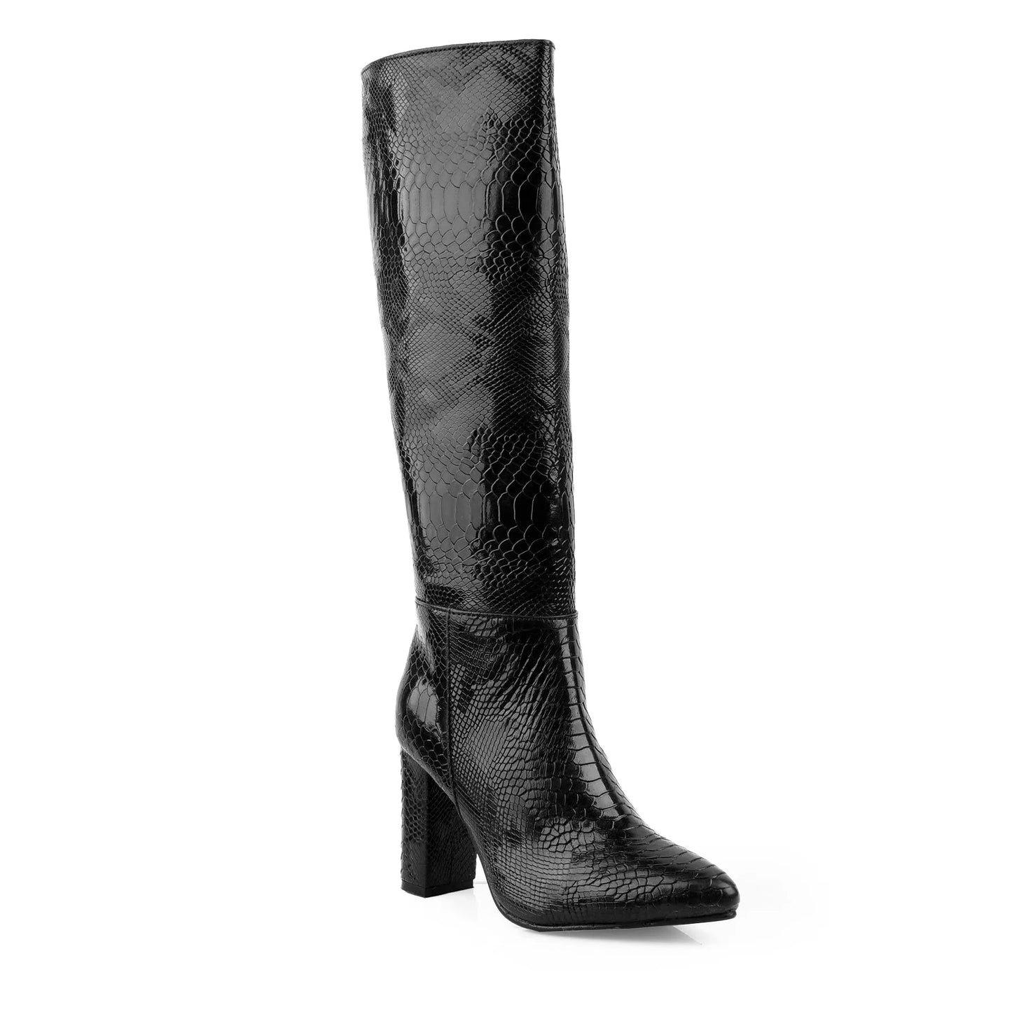 A single black knee-high boot with a glossy python-textured pattern, featuring a pointed toe and a chunky block heel, shown against a plain white background.
