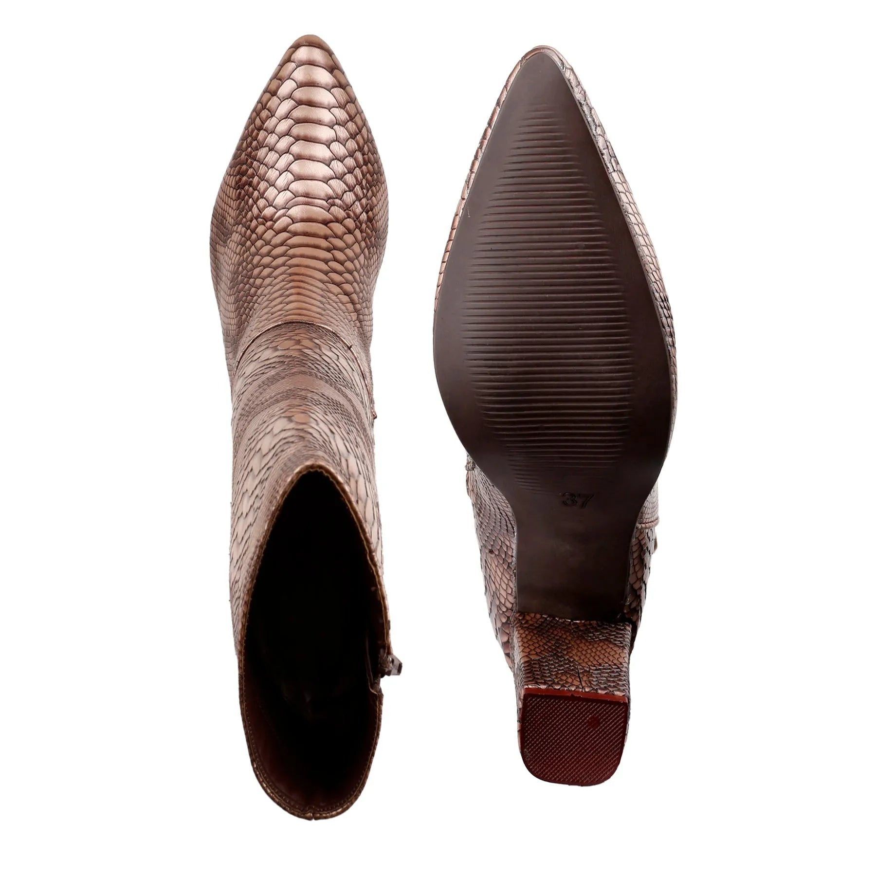 A pair of pointed-toe ankle boots with a brown and bronze python-patterned leather, shown from both the side and sole views against a white background.