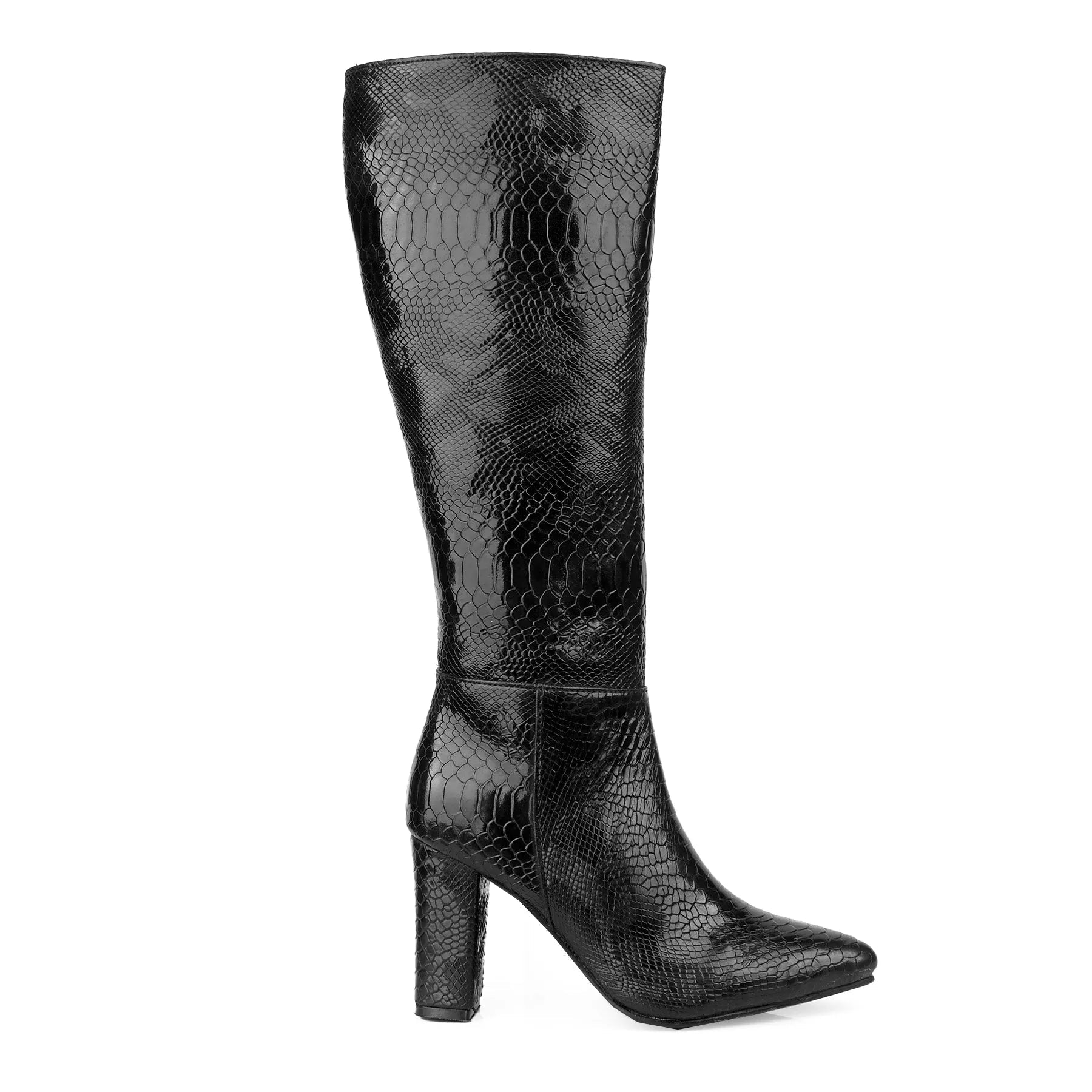 A single black knee-high boot with a glossy python or snake-print texture, featuring a pointed toe and a chunky block heel, shown against a plain white background.