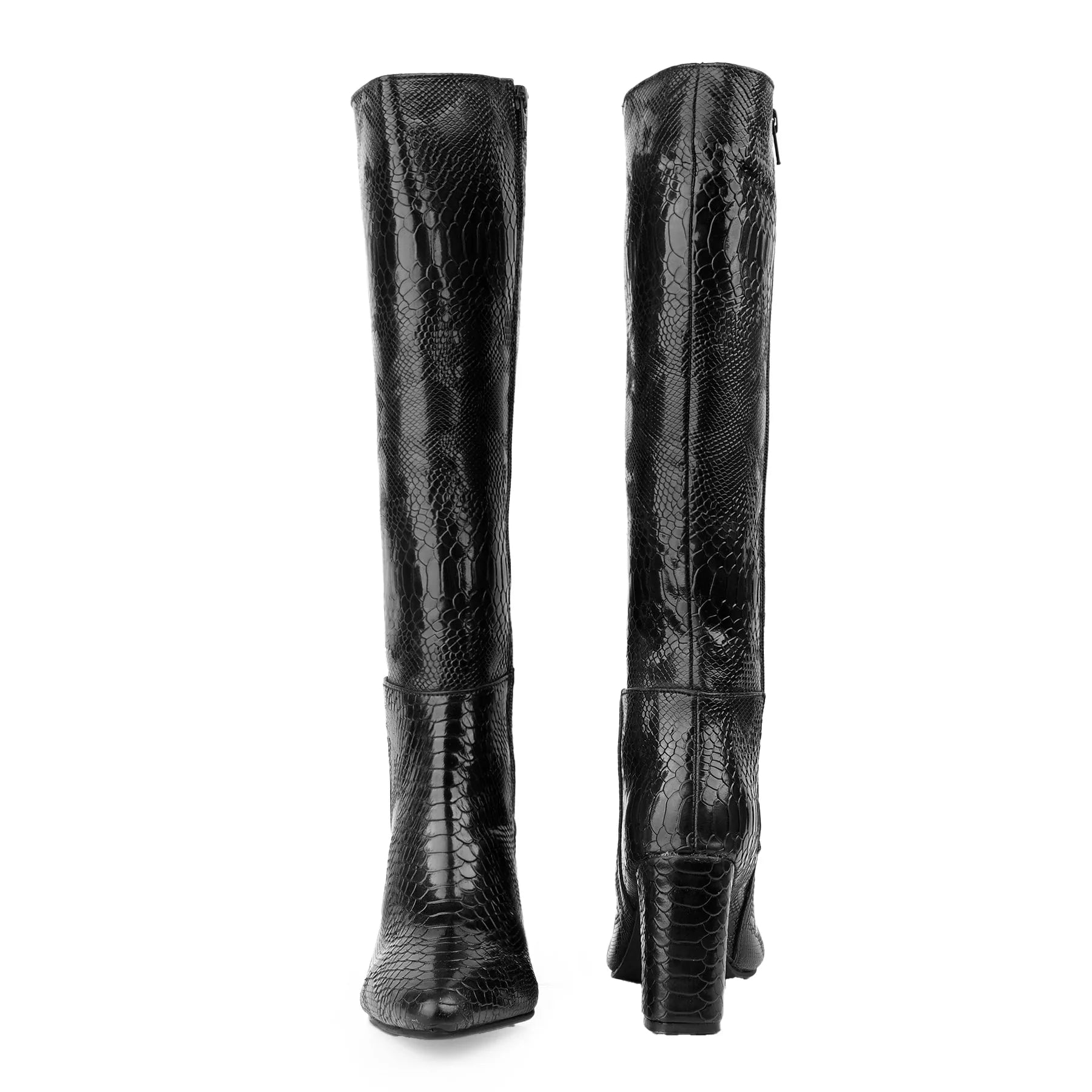 A pair of black knee-high boots with a glossy crocodile-embossed texture, shown from the back on a solid white background.