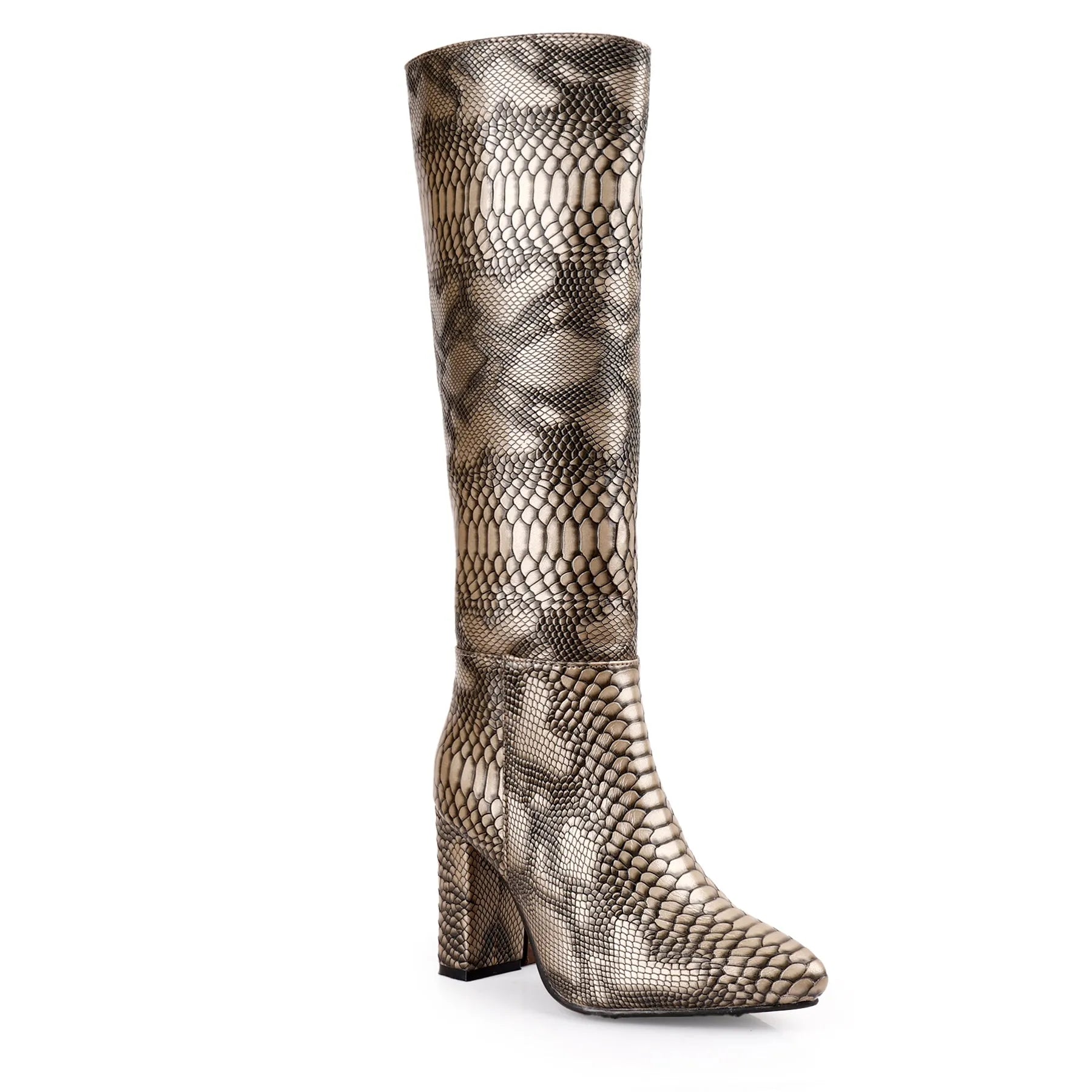 A single knee-high boot with a snakeskin pattern in beige, brown, and black, featuring a pointed toe and a block heel, shown against a plain white background.