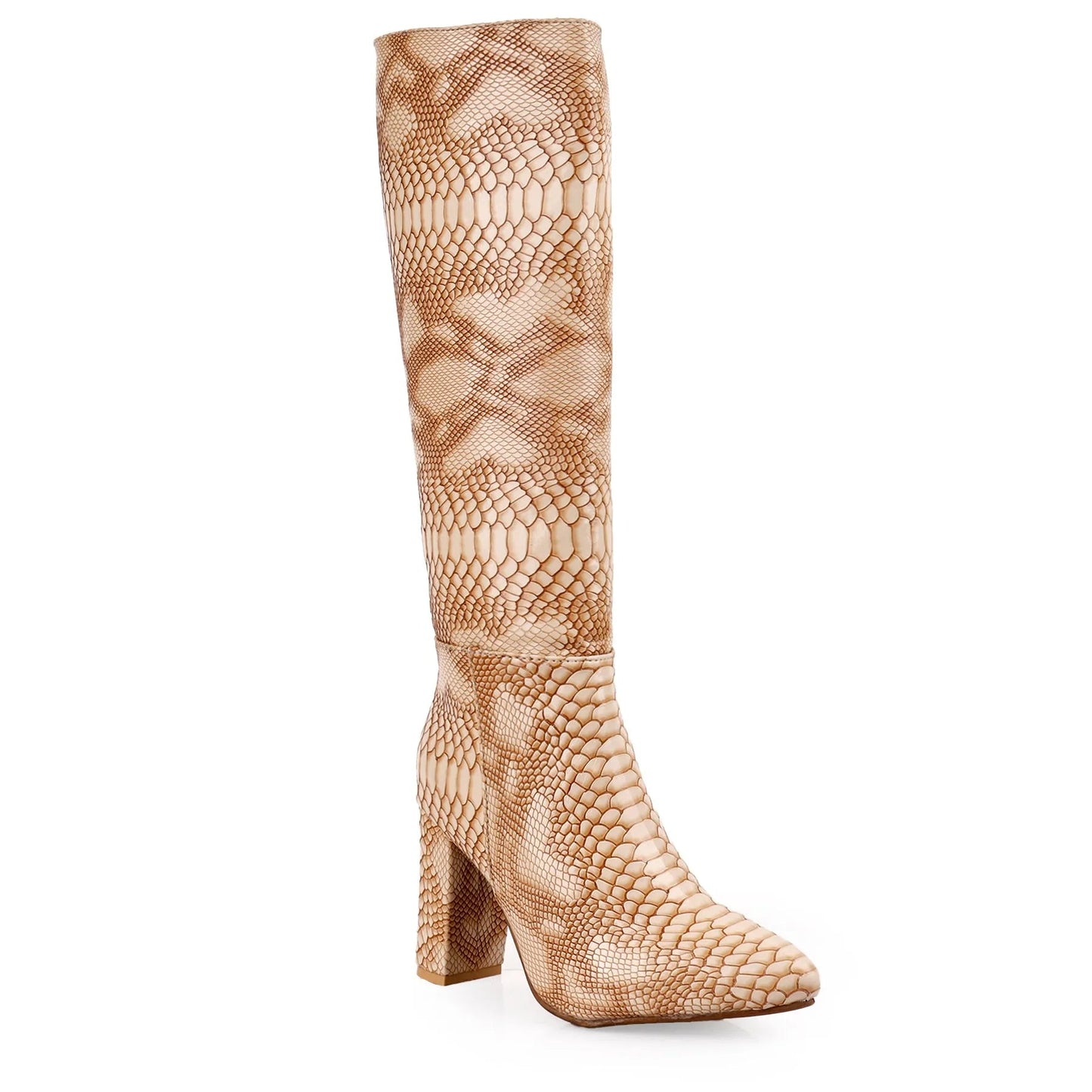 A single knee-high boot with a beige and tan snakeskin pattern, featuring a pointed toe and a chunky block heel, shown against a plain white background.
