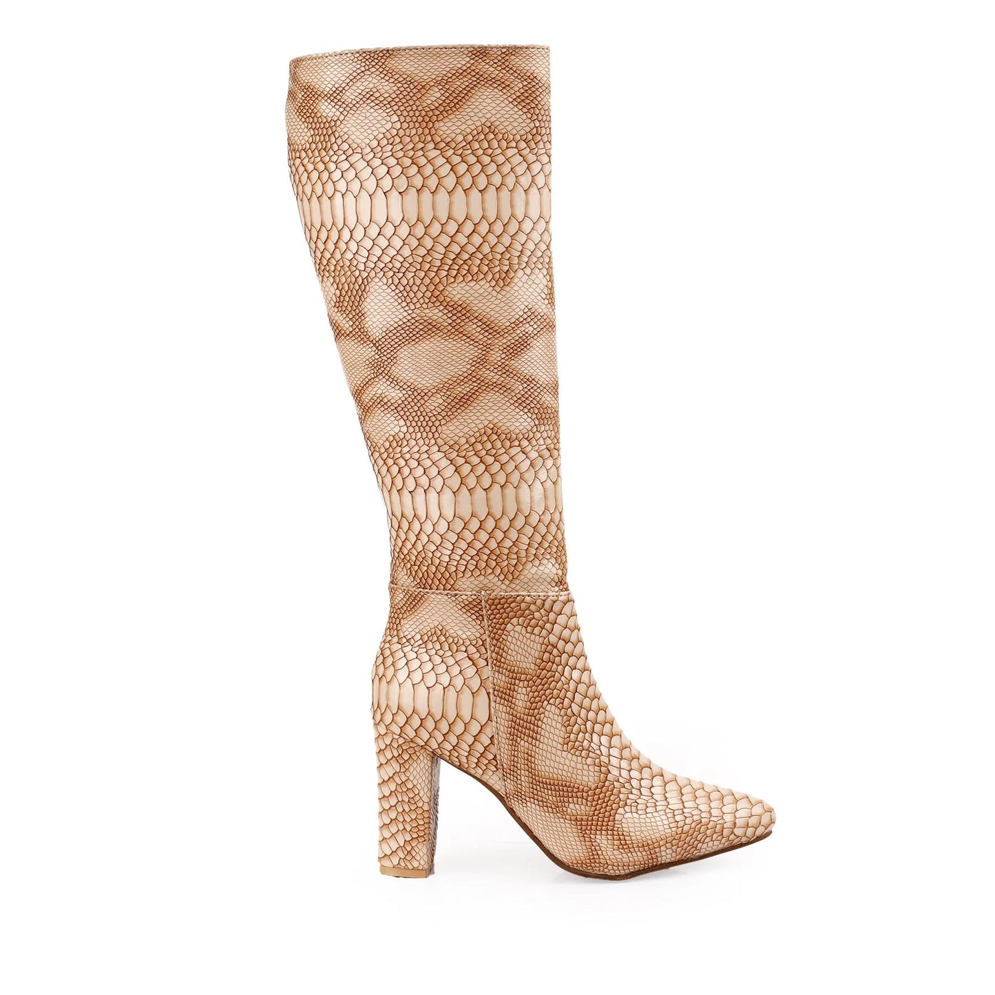 A single knee-high boot with a pointed toe and block heel, featuring a tan and beige snakeskin pattern, shown against a plain white background.