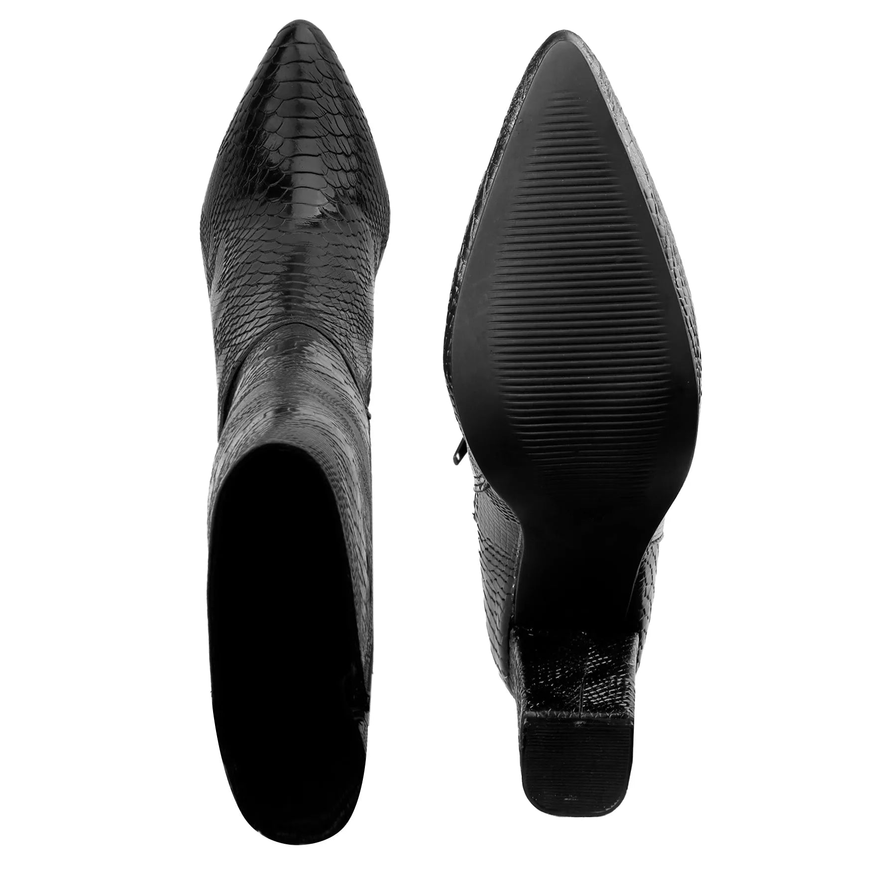 A pair of black pointed-toe ankle boots with a glossy crocodile or python-embossed texture, shown from the side and bottom against a white background.