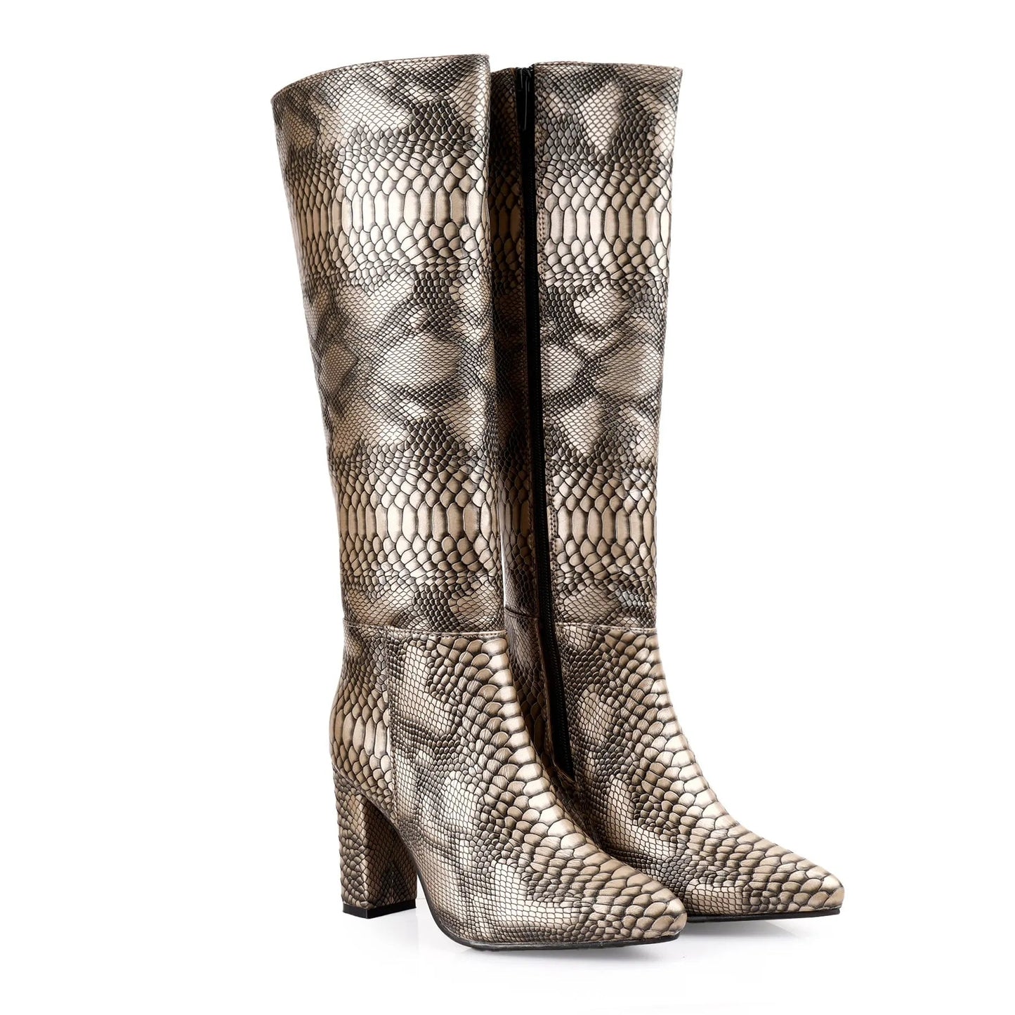 A pair of knee-high pointed-toe boots with a snakeskin pattern in beige, brown, and black, featuring a block heel and side zippers, shown against a plain white background.