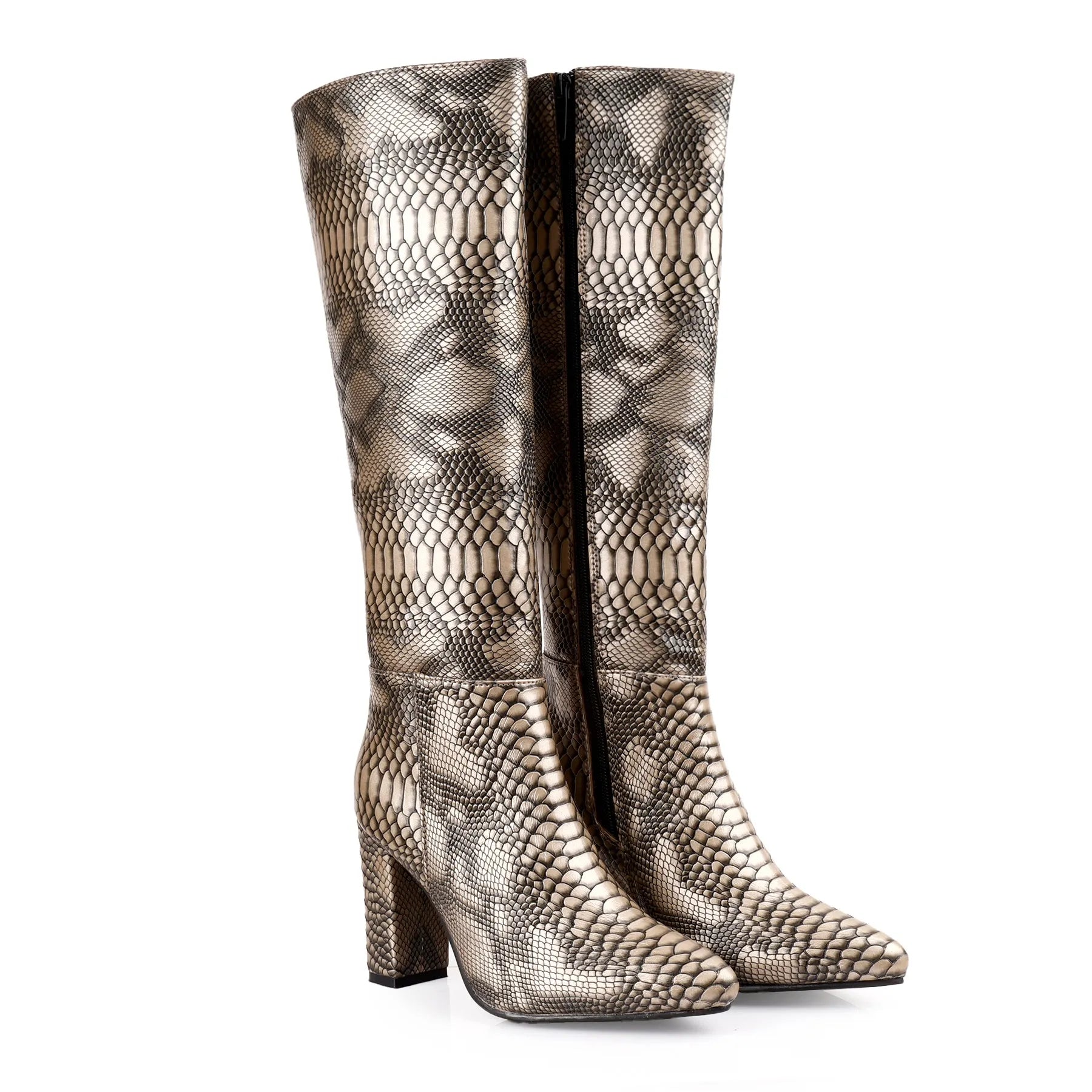 A pair of knee-high pointed-toe boots with a snakeskin pattern in beige, brown, and black, featuring a block heel and side zippers, shown against a plain white background.