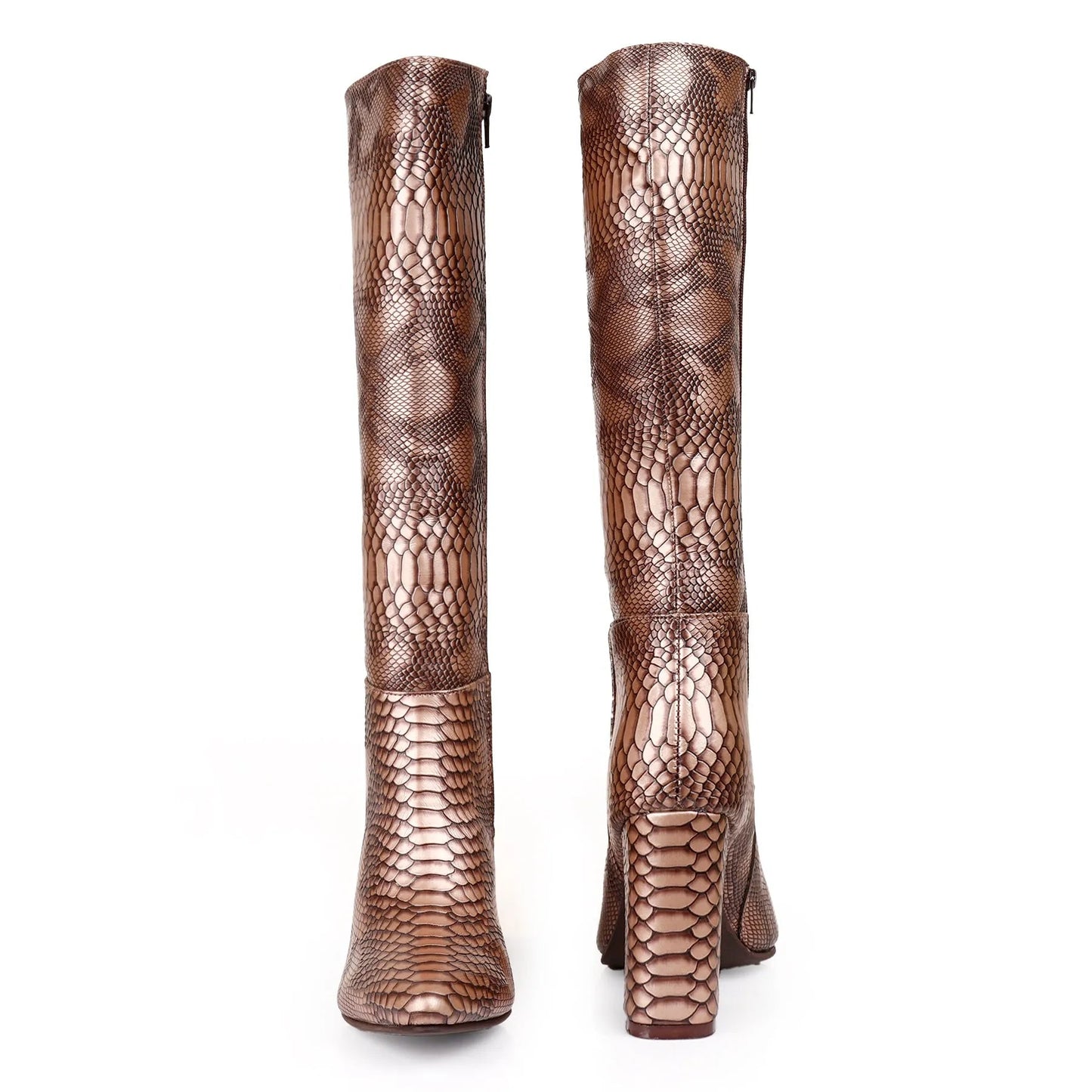 A pair of tall knee-high boots with a brown snakeskin pattern, shown from the back on a solid white background.